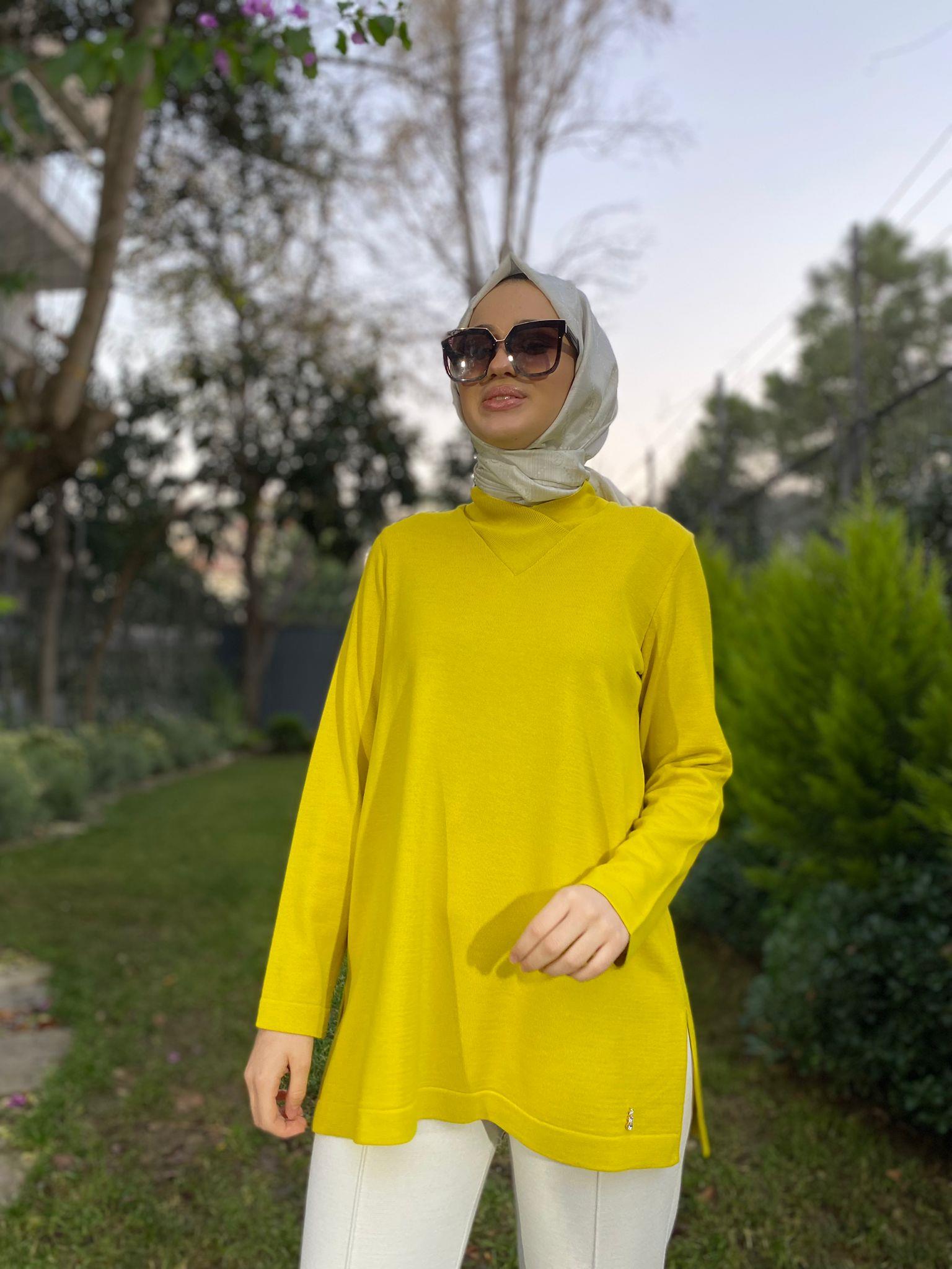 Miss Dalida V Yaka Triko Tunik Etika Yellow t24k-6011