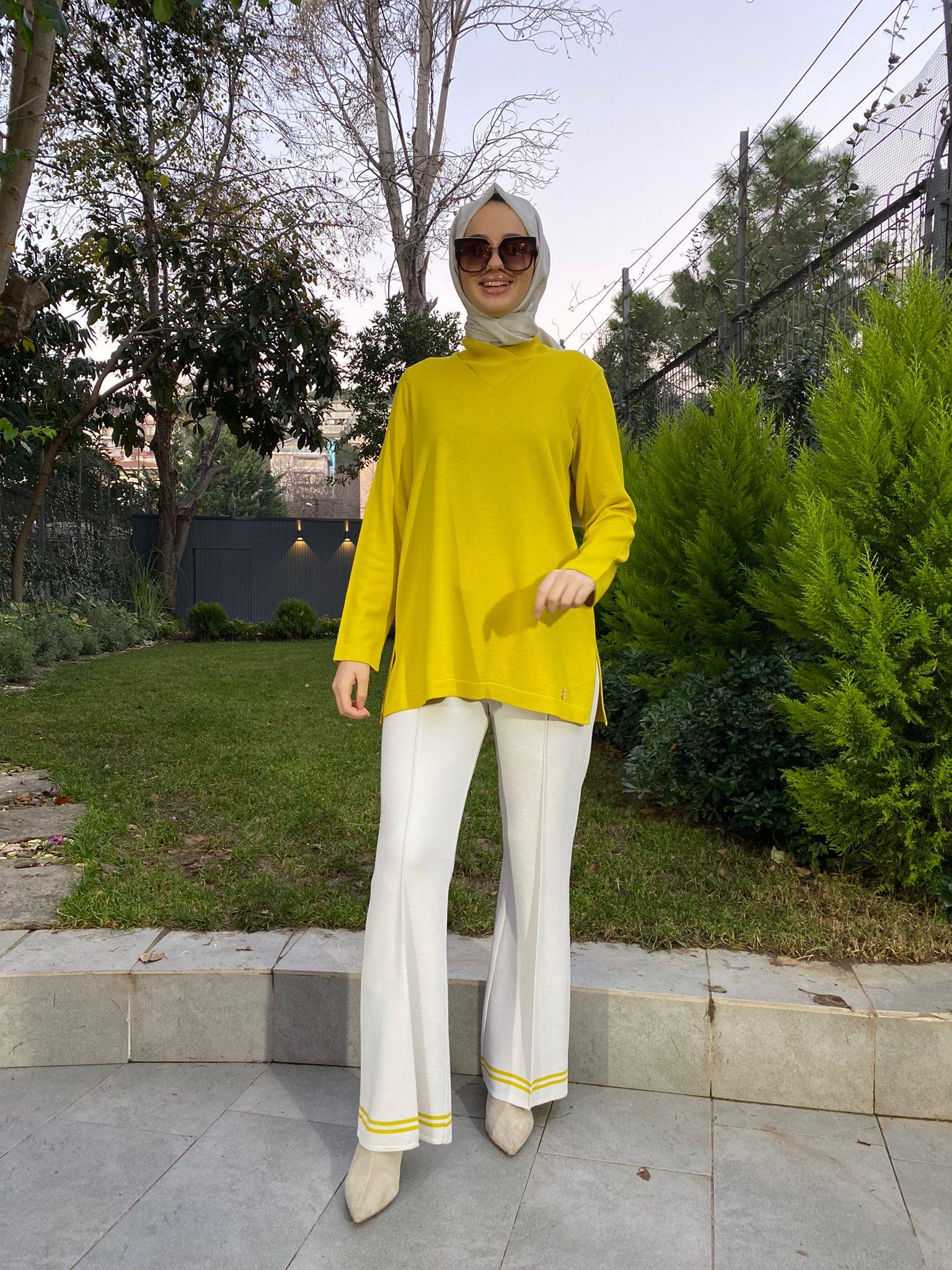 Miss Dalida V Yaka Triko Tunik Etika Yellow t24k-6011