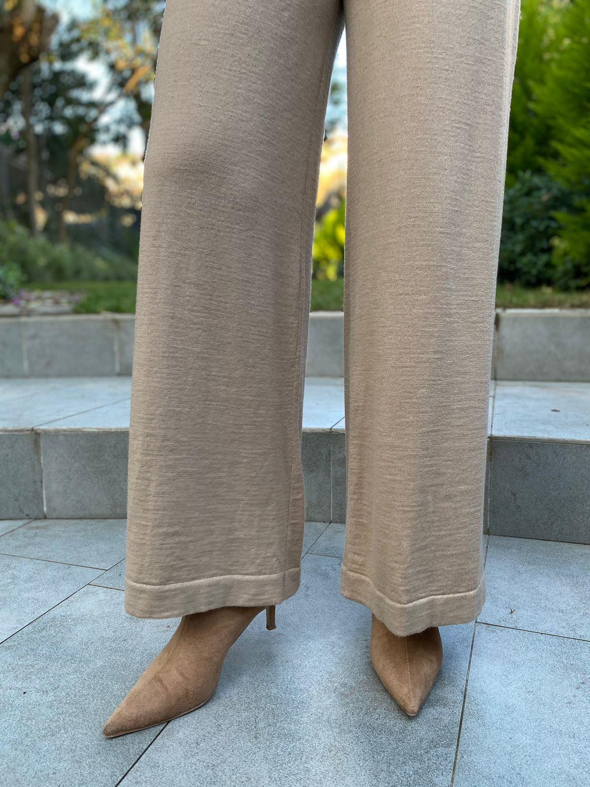 Miss Dalida Yüzde Yüz Yün Bol Paça Pantolon Moldy Green t24k-7002