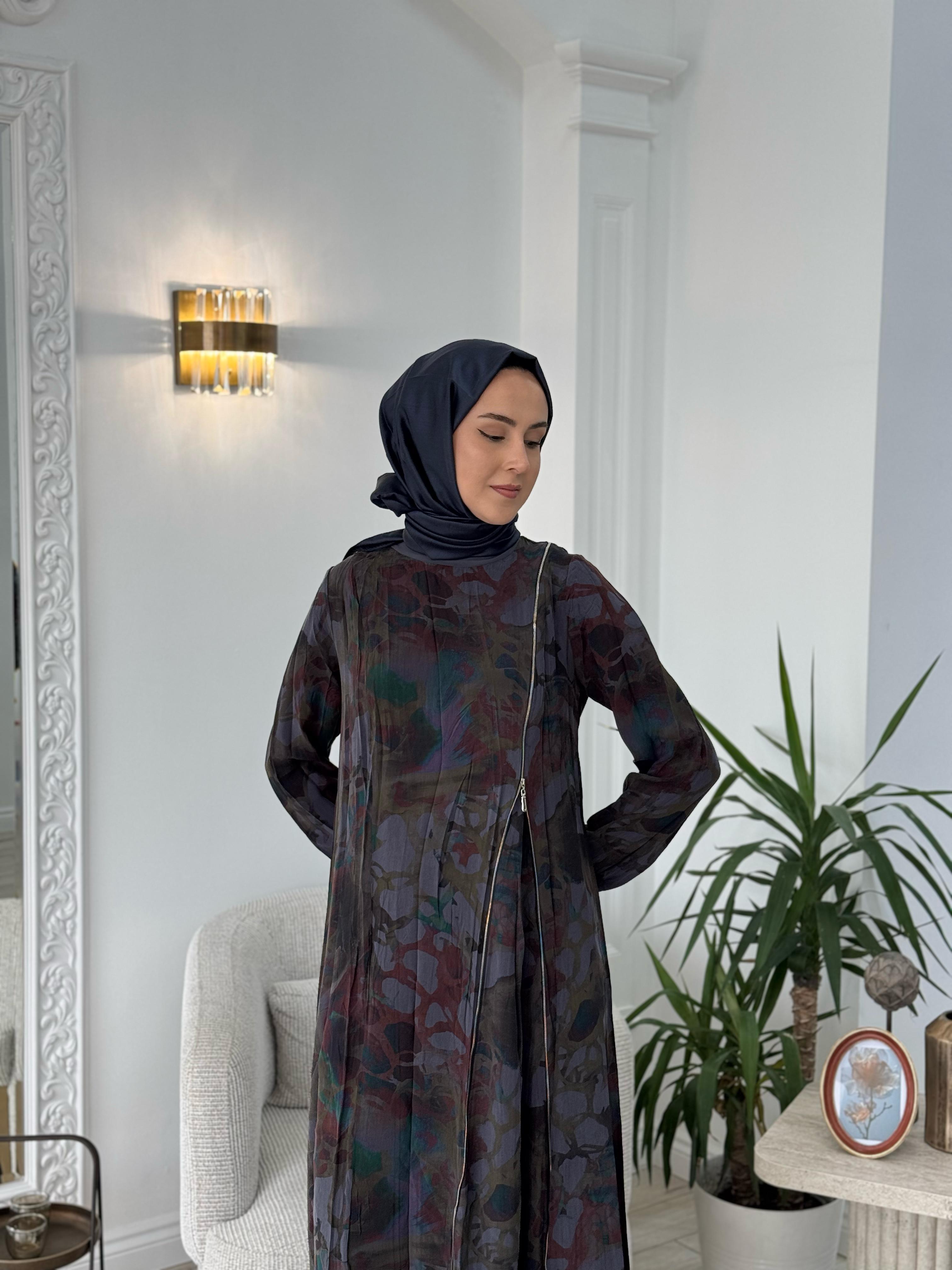 Misswhence Antrasit Baskılı Fermuarlı Elbise 37830