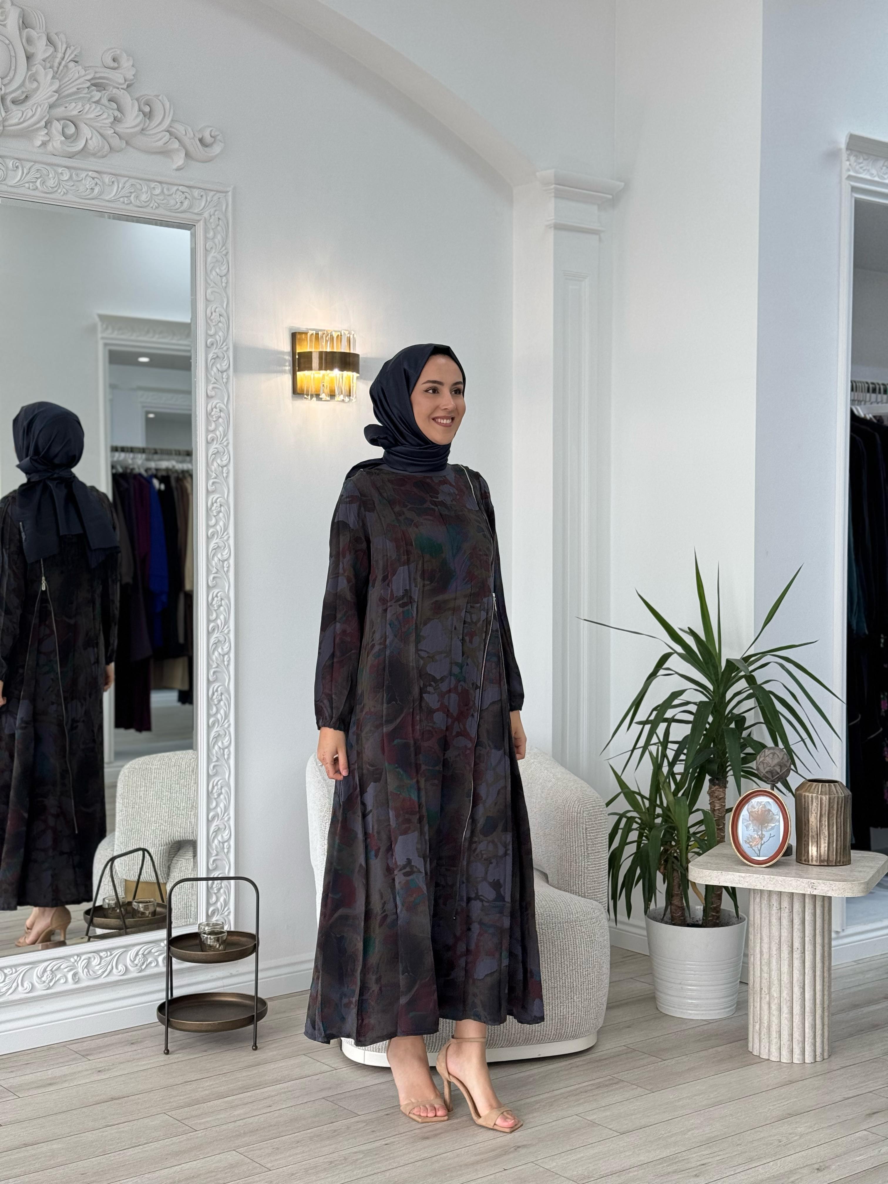 Misswhence Antrasit Baskılı Fermuarlı Elbise 37830
