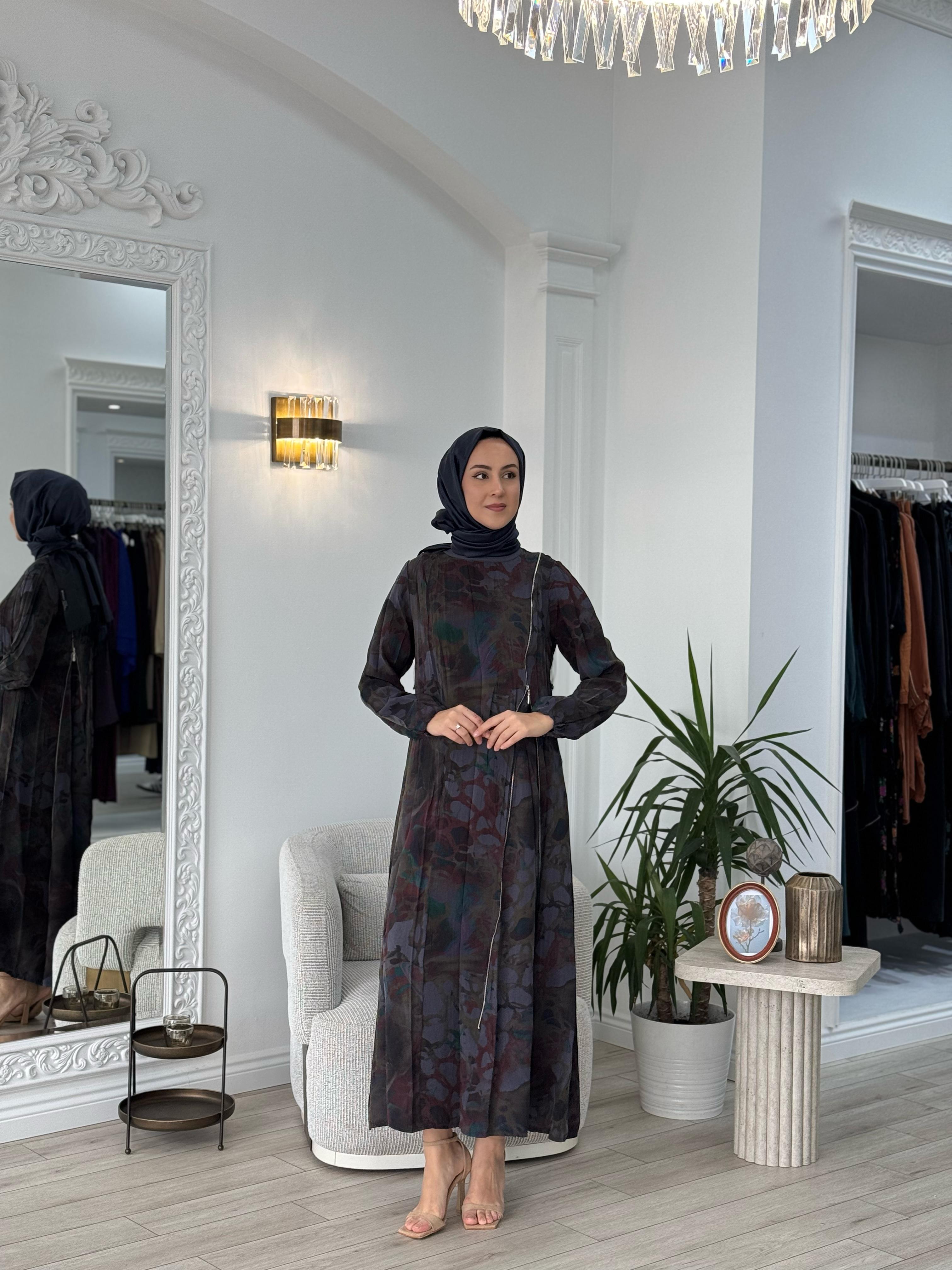 Misswhence Antrasit Baskılı Fermuarlı Elbise 37830