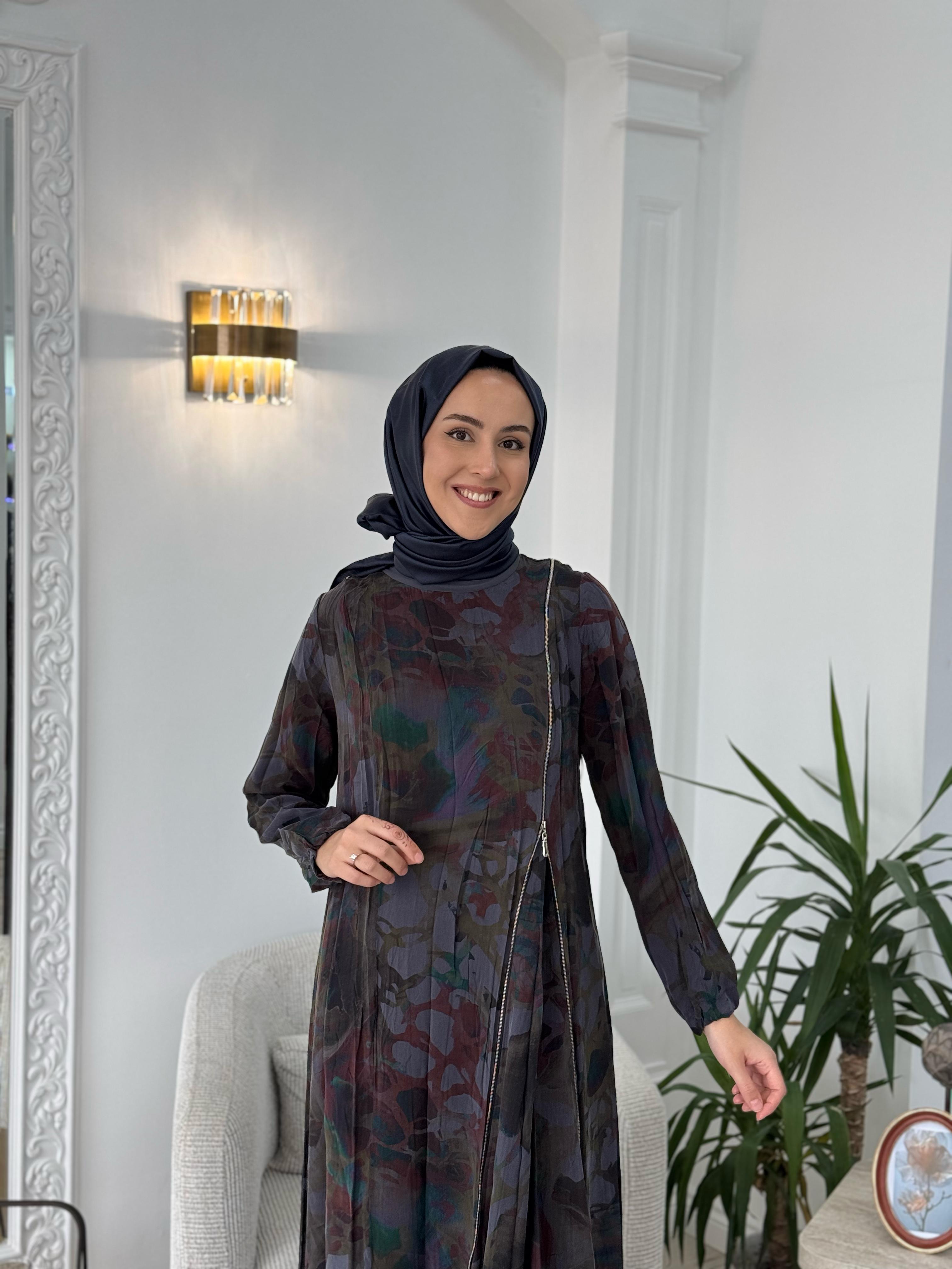 Misswhence Antrasit Baskılı Fermuarlı Elbise 37830