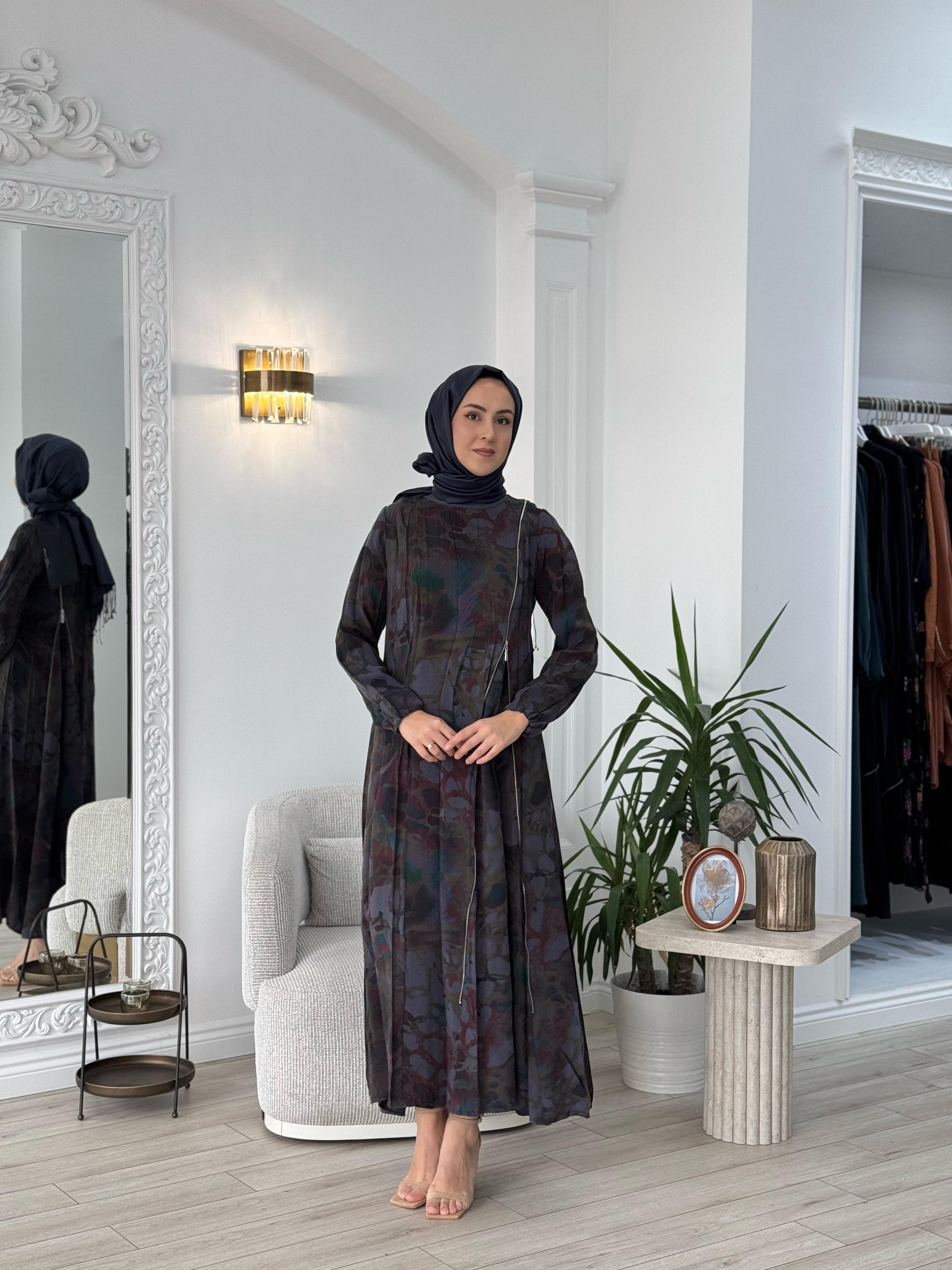 Misswhence Antrasit Baskılı Fermuarlı Elbise 37830