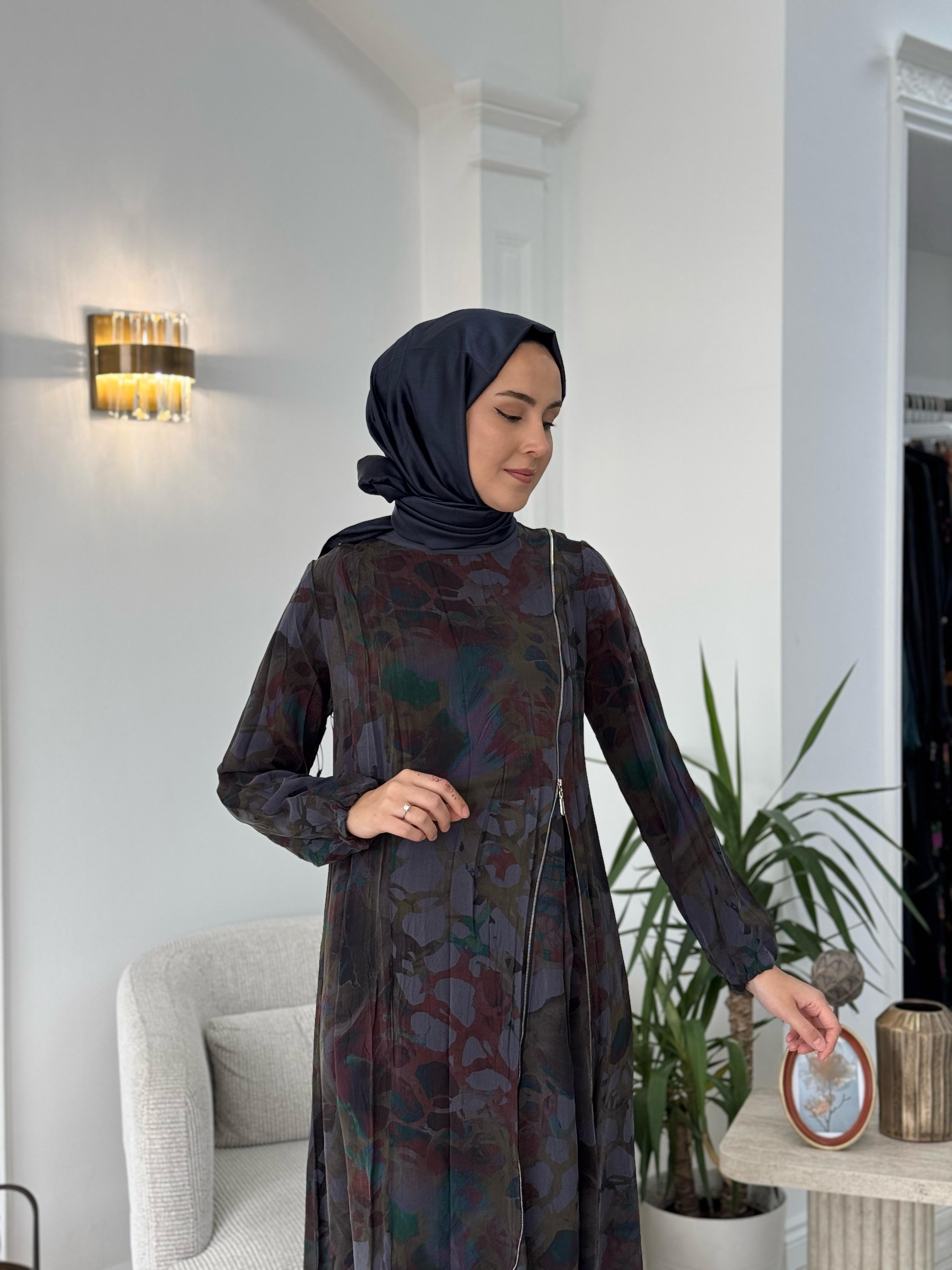 Misswhence Antrasit Baskılı Fermuarlı Elbise 37830