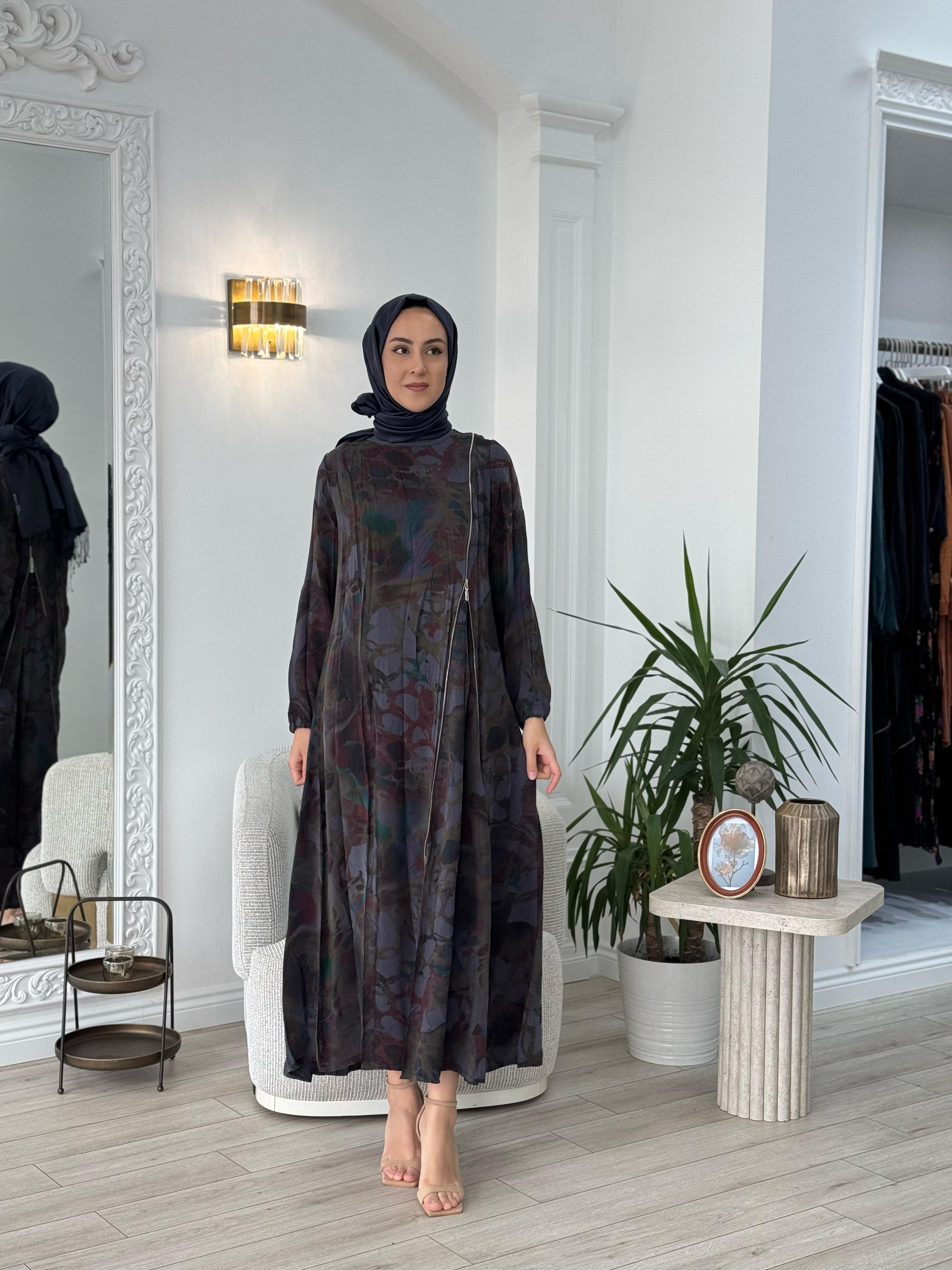 Misswhence Antrasit Baskılı Fermuarlı Elbise 37830