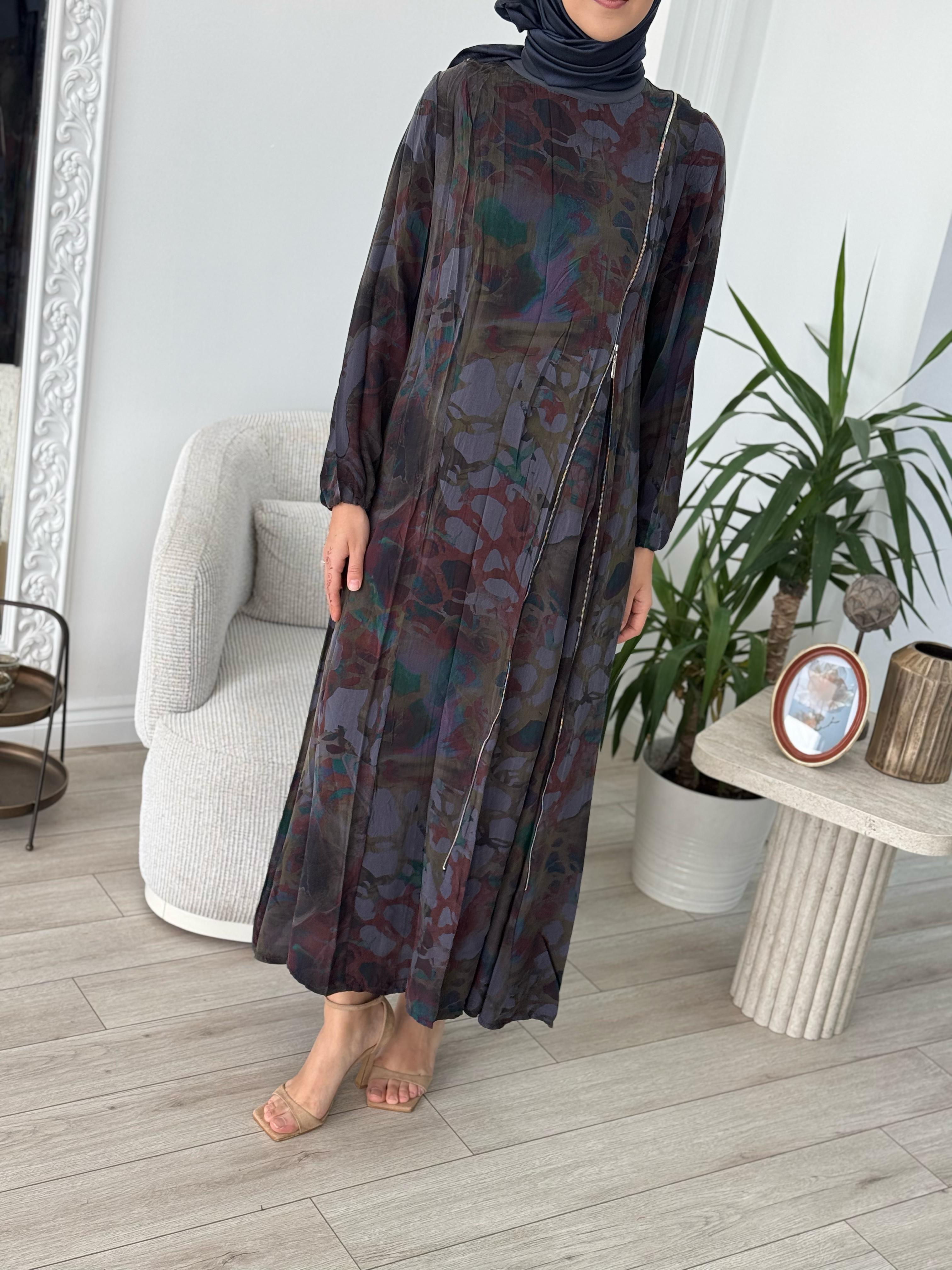 Misswhence Antrasit Baskılı Fermuarlı Elbise 37830