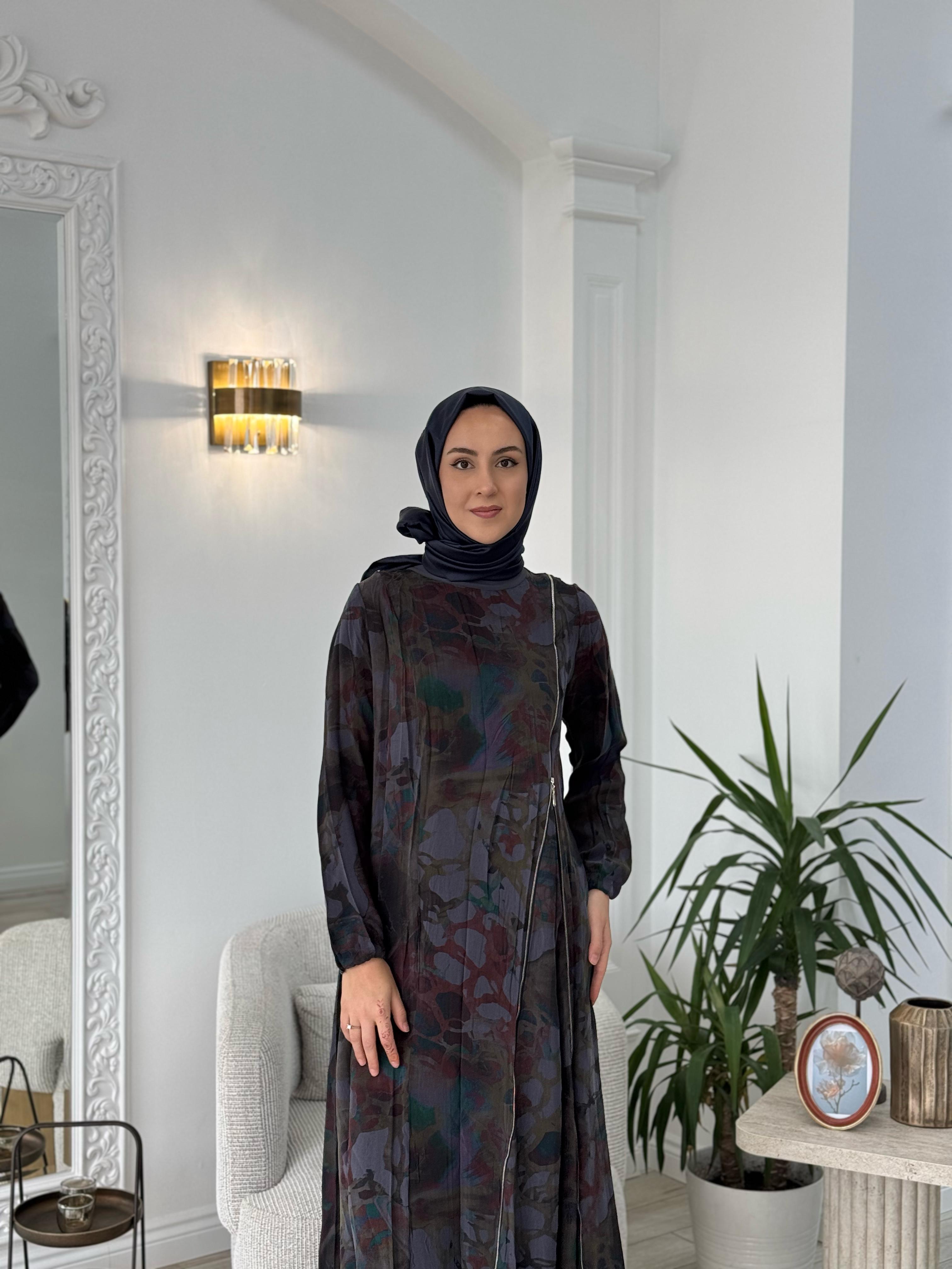 Misswhence Antrasit Baskılı Fermuarlı Elbise 37830