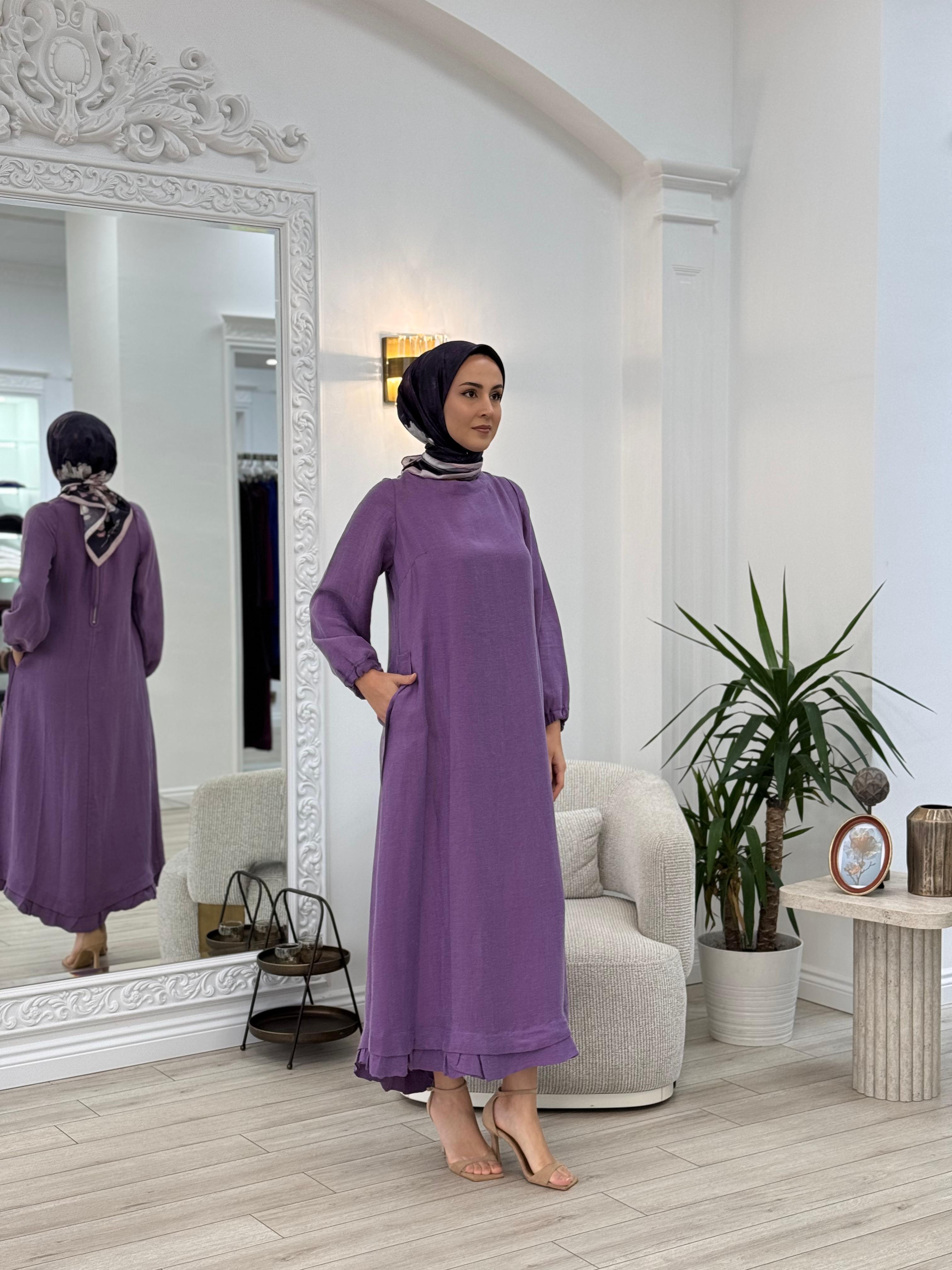 Misswhence Arkası Fermuar Detaylı Keten Elbise Lila v3135