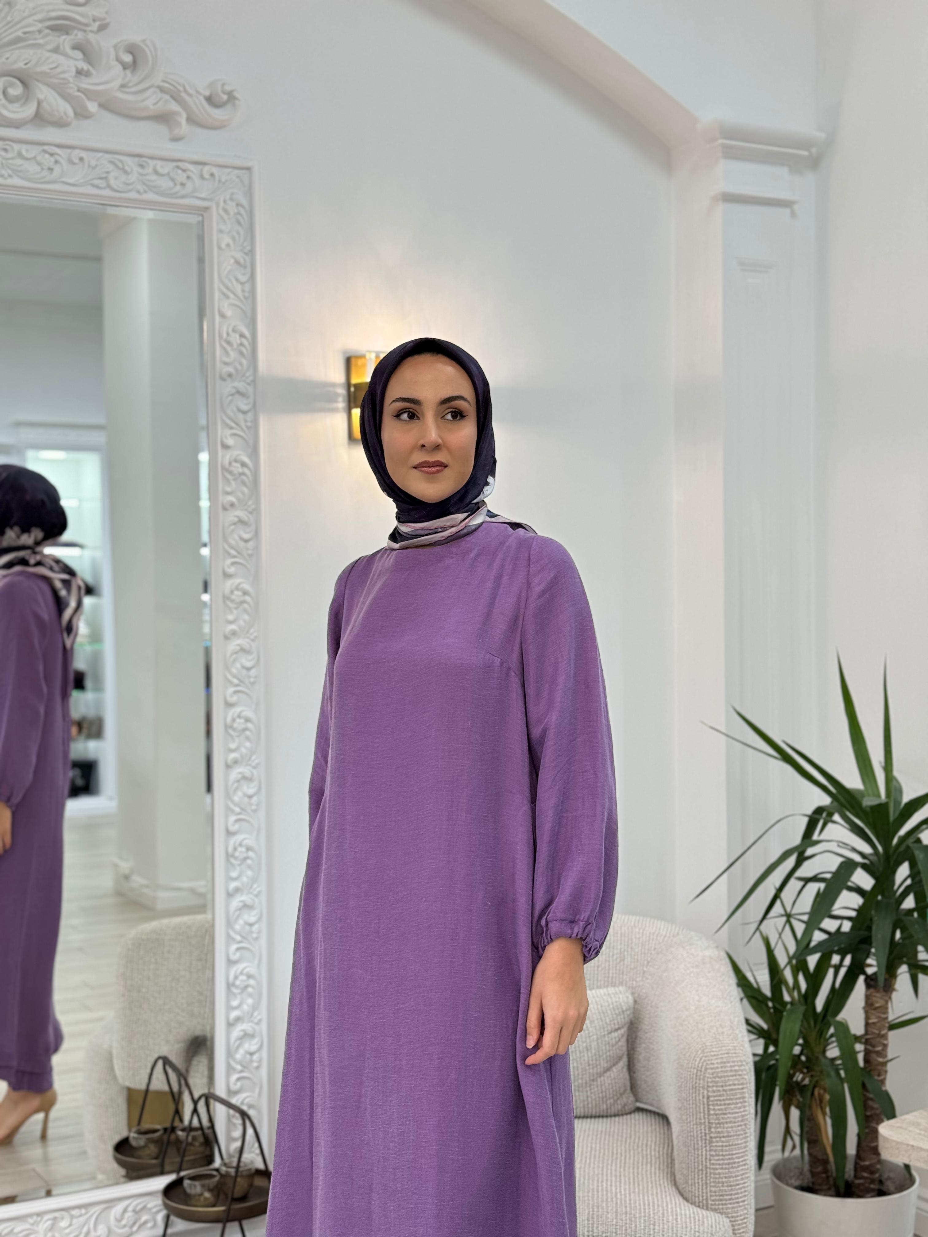 Misswhence Arkası Fermuar Detaylı Keten Elbise Lila v3135