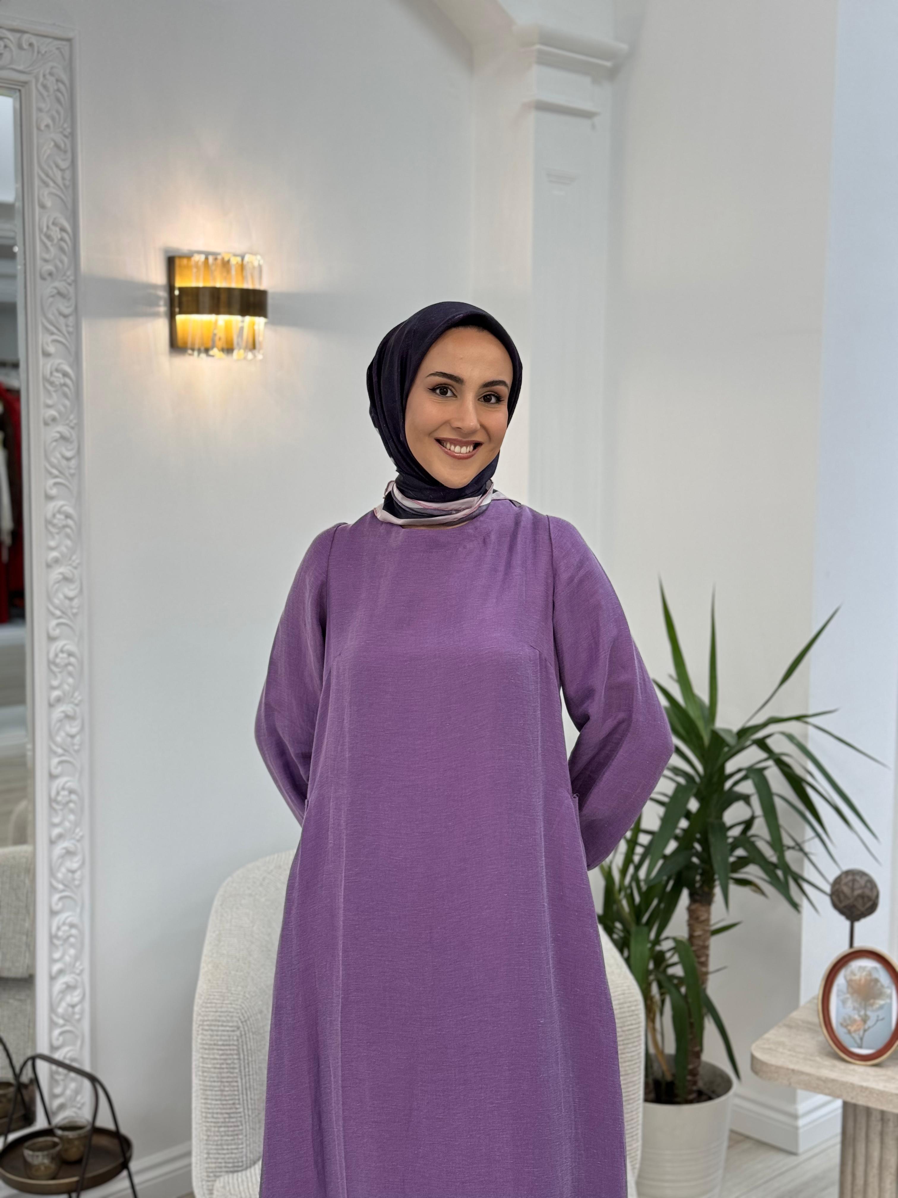 Misswhence Arkası Fermuar Detaylı Keten Elbise Lila v3135