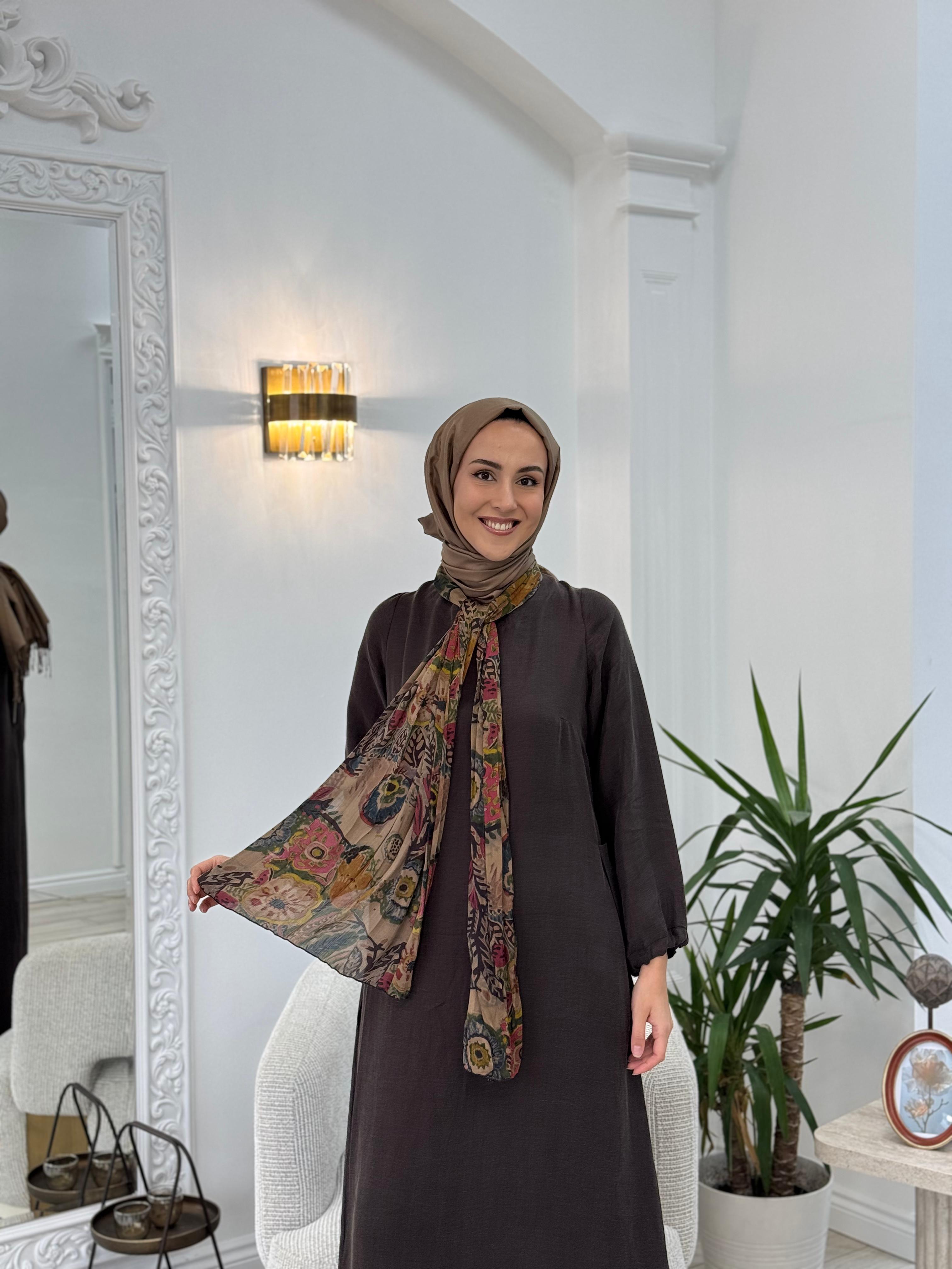 Misswhence Arkası Fermuar Detaylı Keten Elbise Kahve v3135