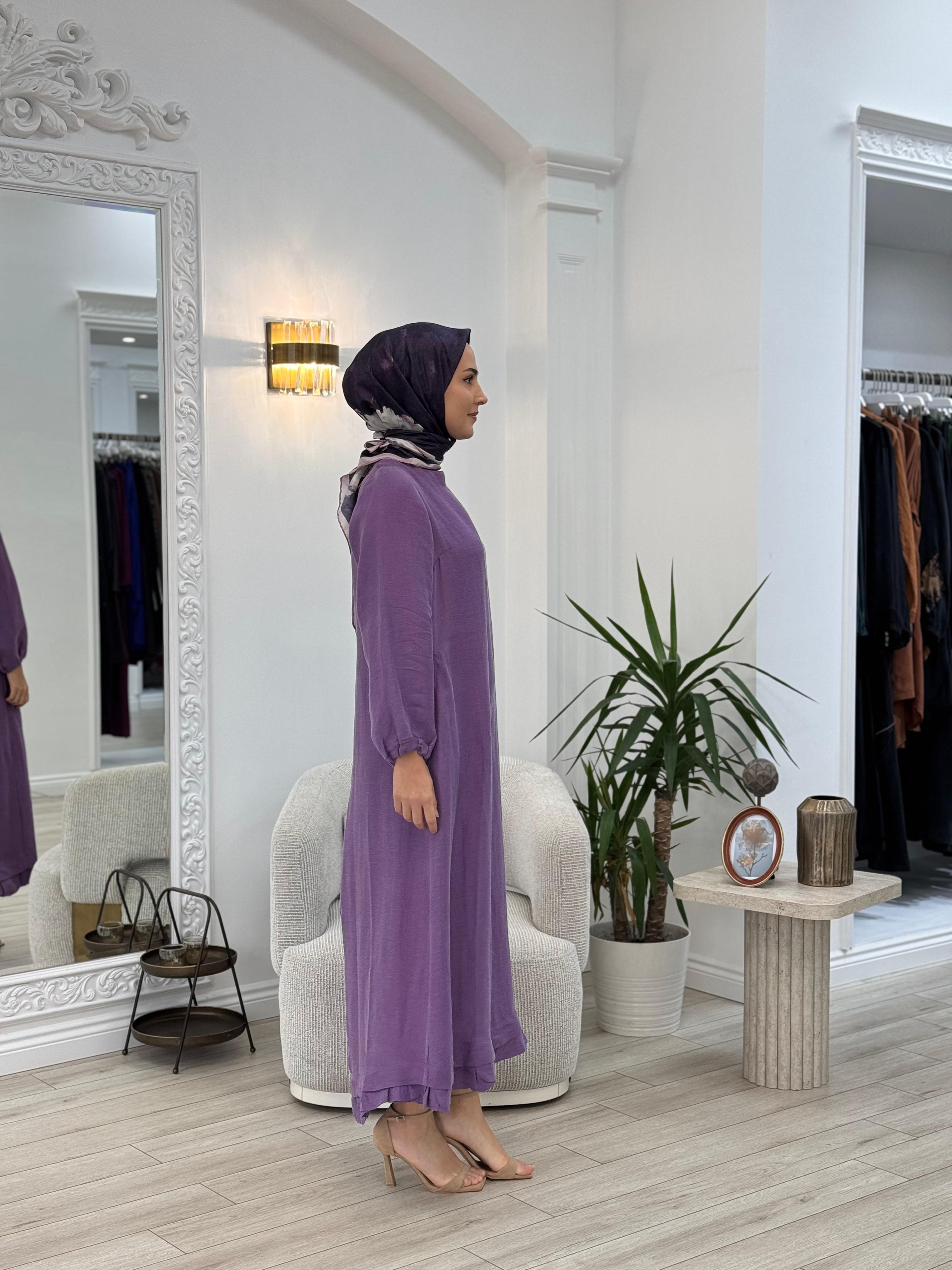 Misswhence Arkası Fermuar Detaylı Keten Elbise Lila v3135
