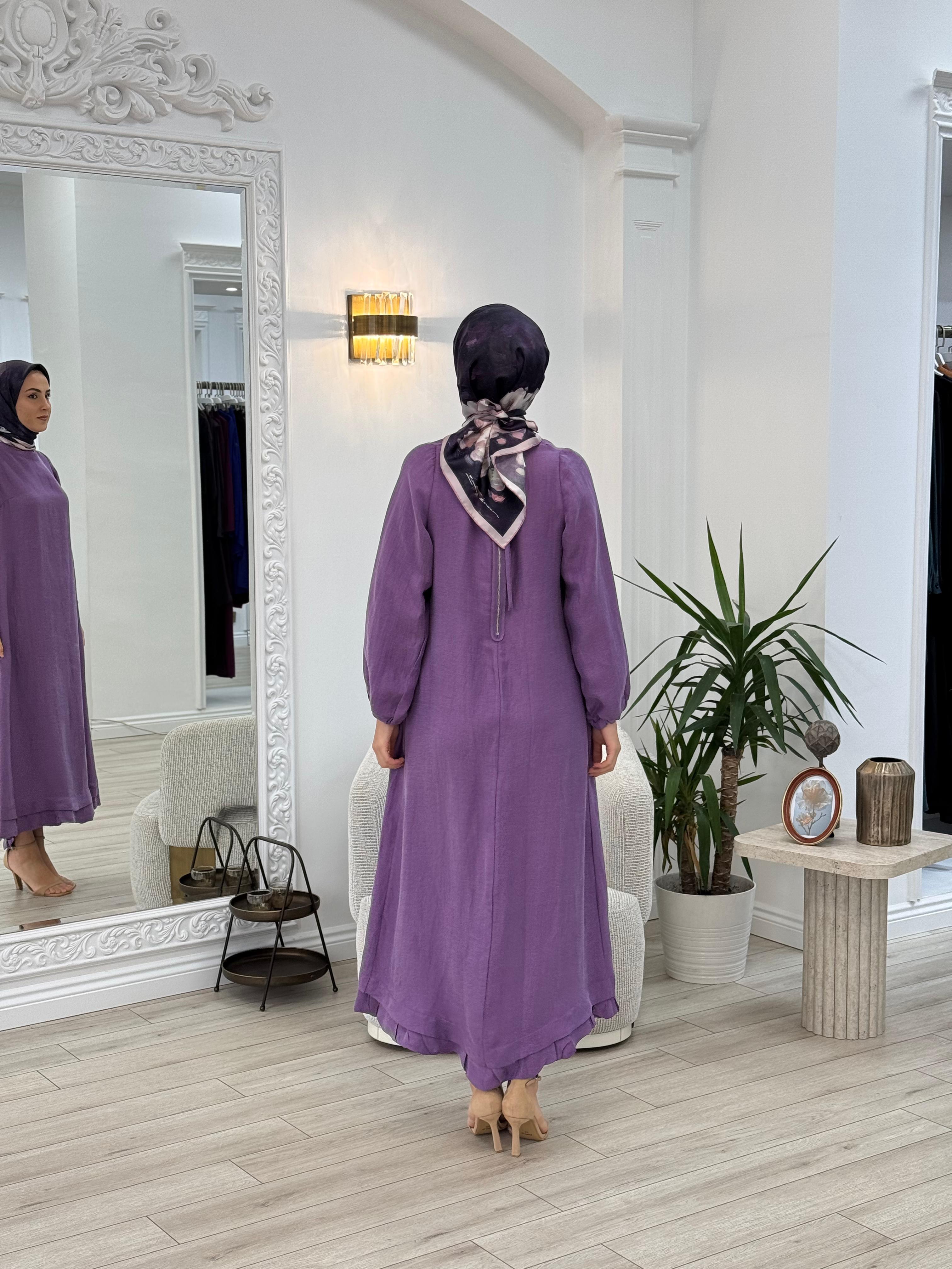 Misswhence Arkası Fermuar Detaylı Keten Elbise Lila v3135