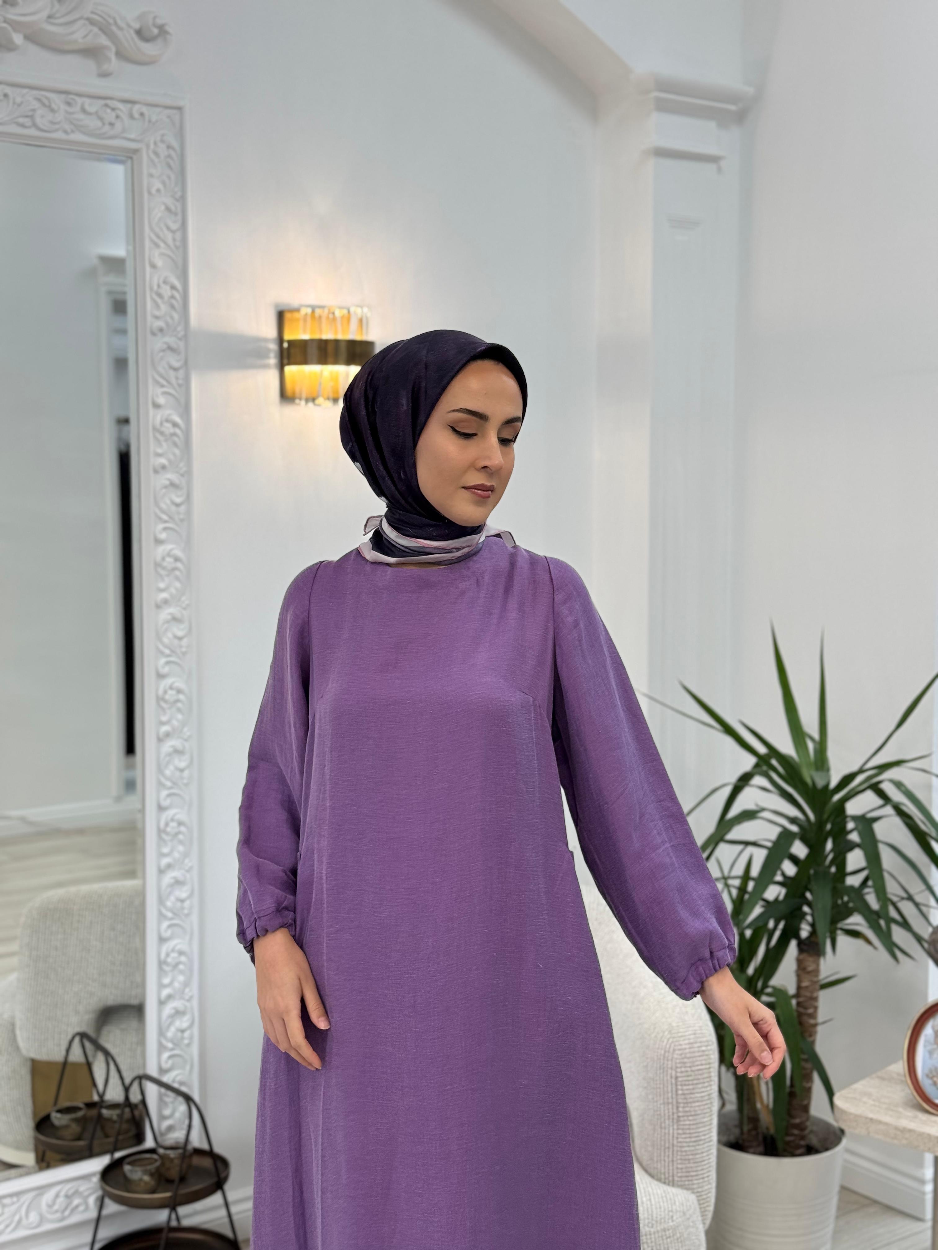 Misswhence Arkası Fermuar Detaylı Keten Elbise Lila v3135