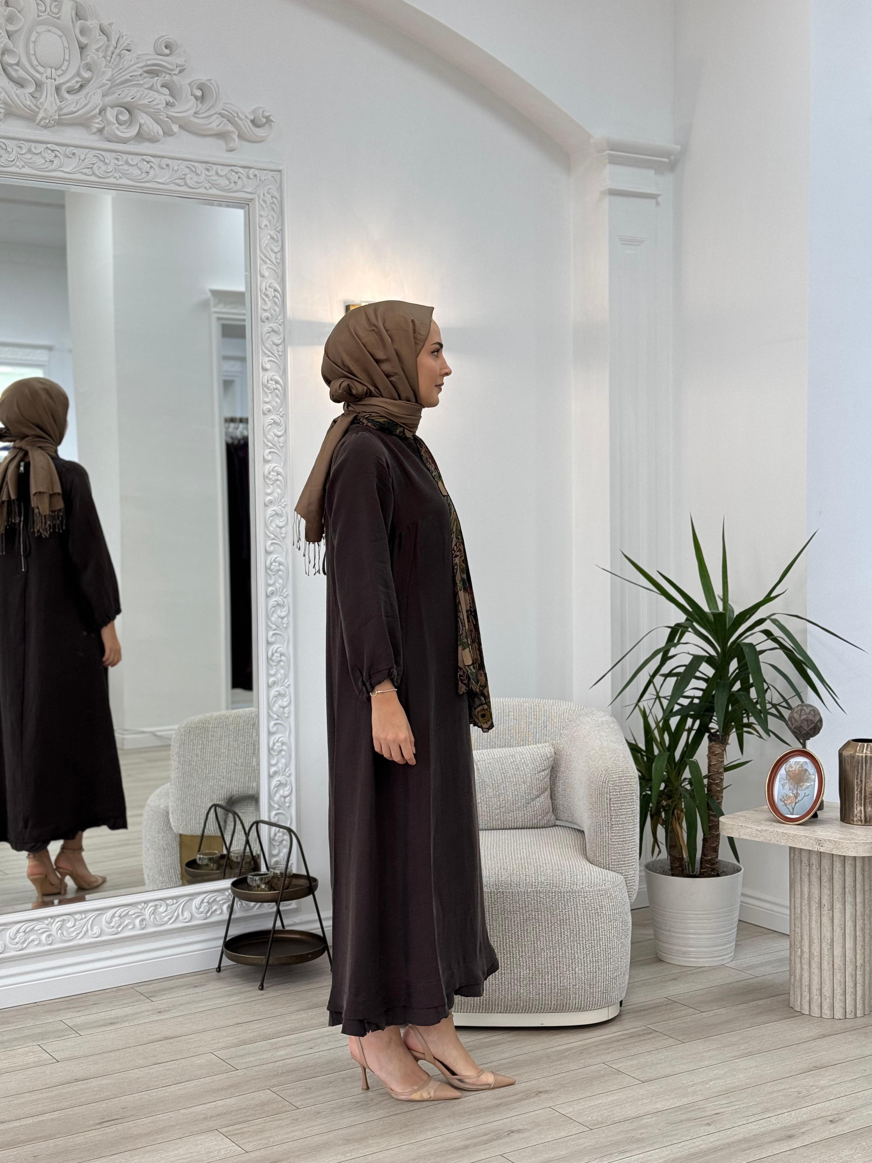 Misswhence Arkası Fermuar Detaylı Keten Elbise Kahve v3135