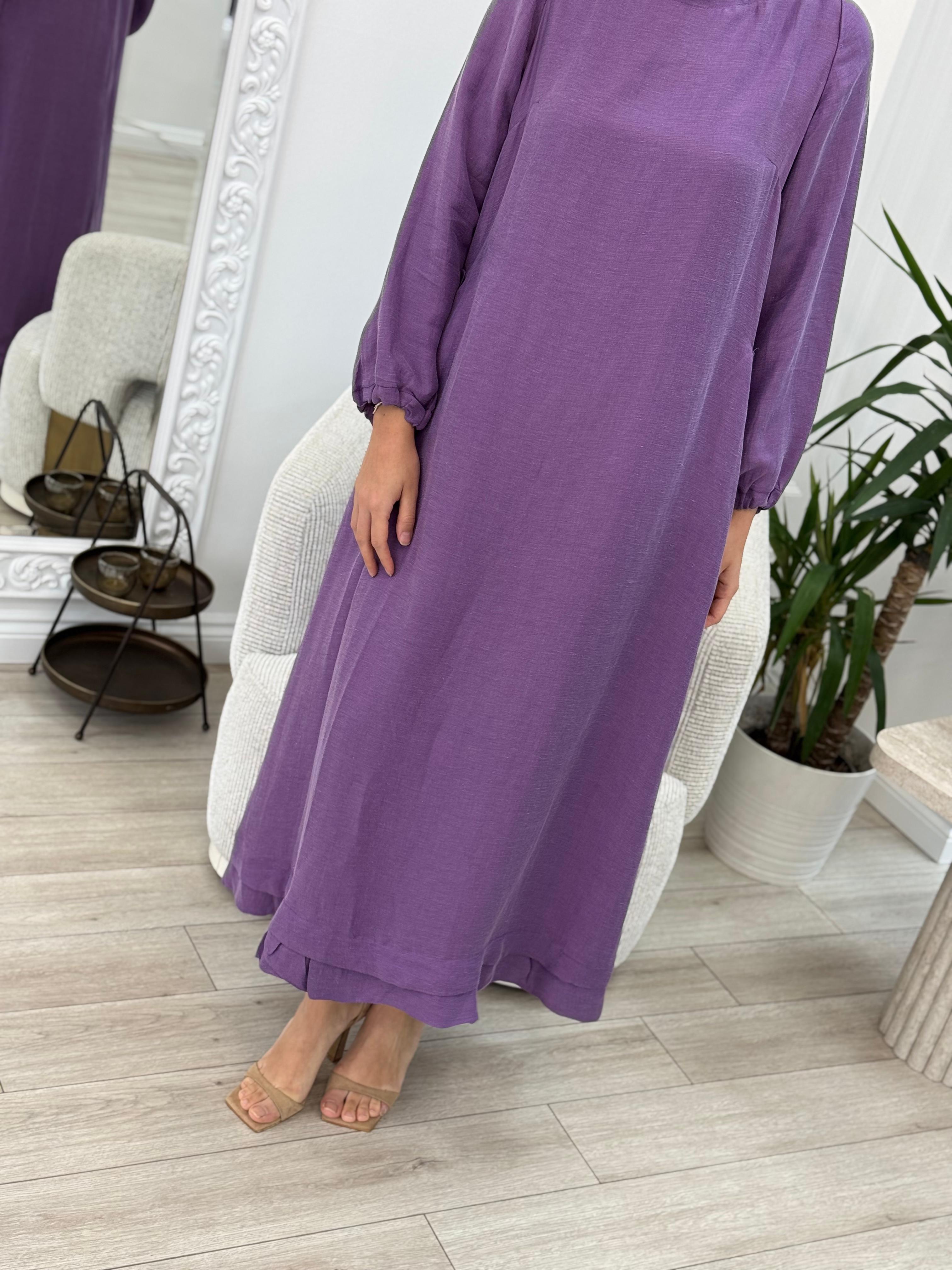 Misswhence Arkası Fermuar Detaylı Keten Elbise Lila v3135