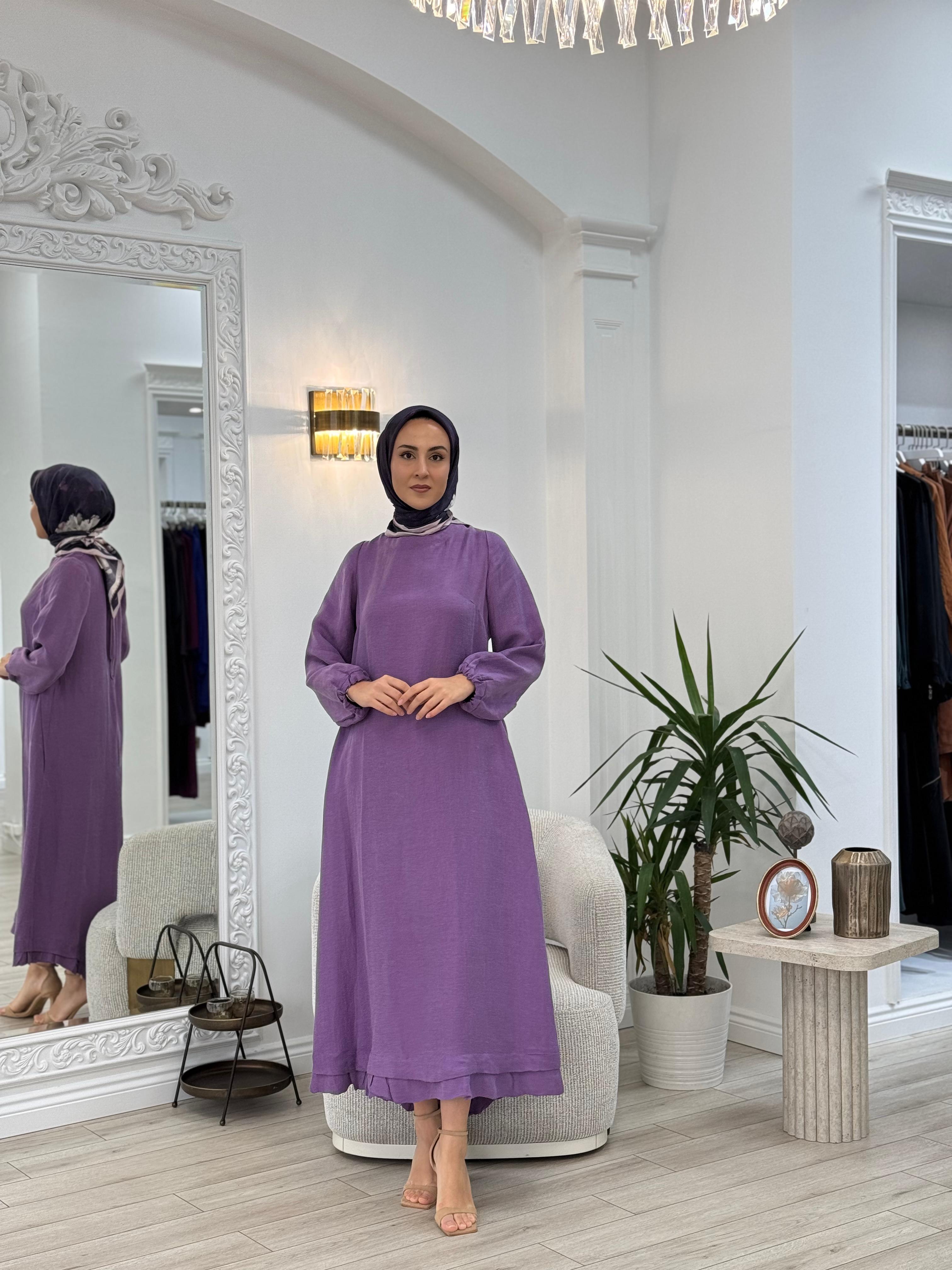 Misswhence Arkası Fermuar Detaylı Keten Elbise Lila v3135