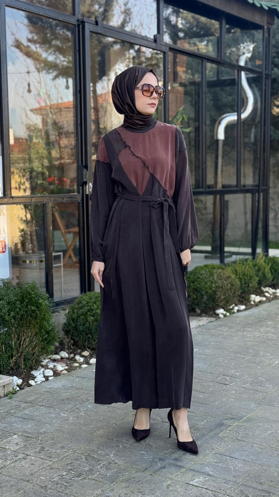 Misswhence Asimetrik Patchwork Kuşaklı Elbise 39801