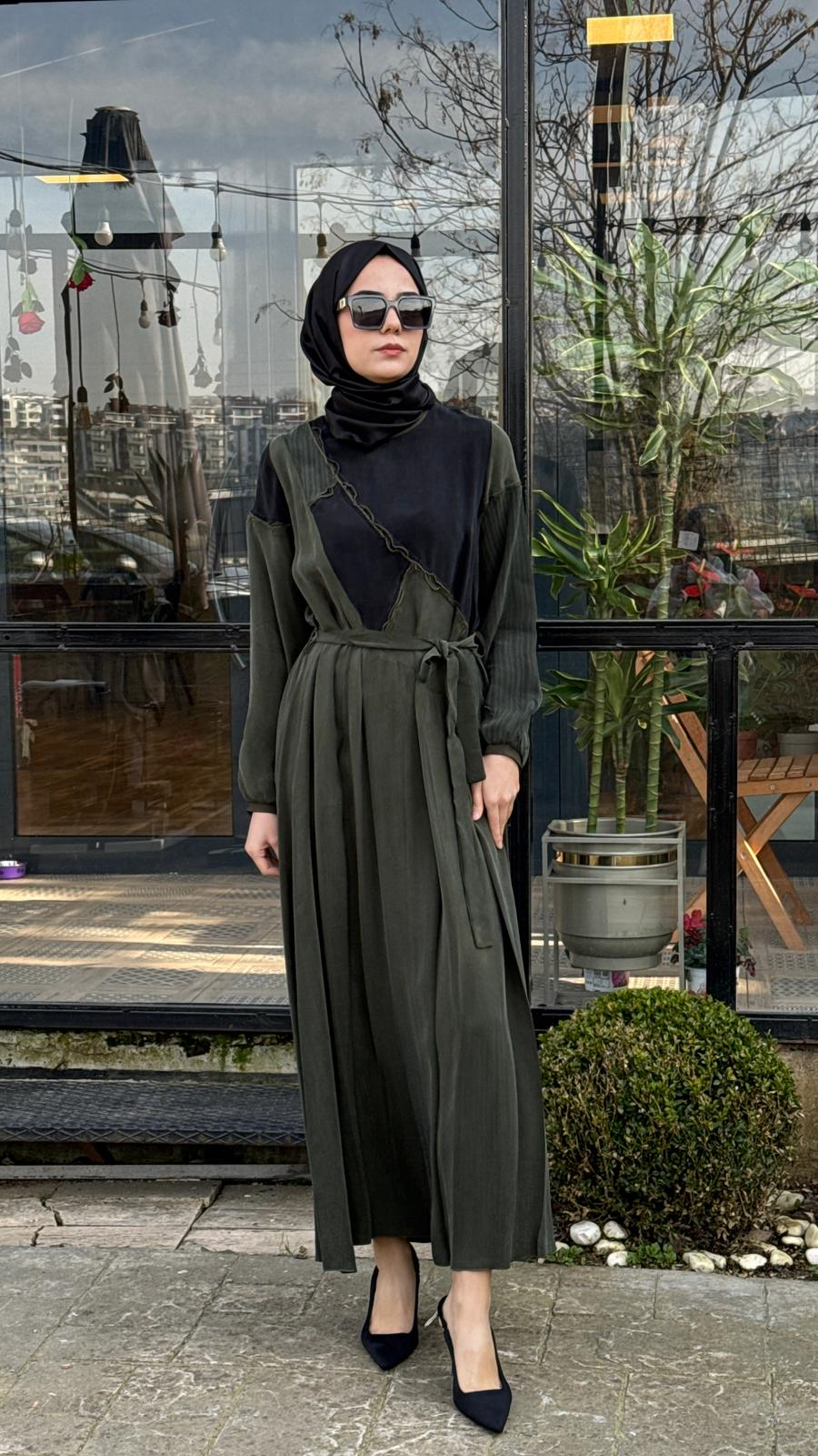 Misswhence Asimetrik Patchwork Kuşaklı Elbise 39801