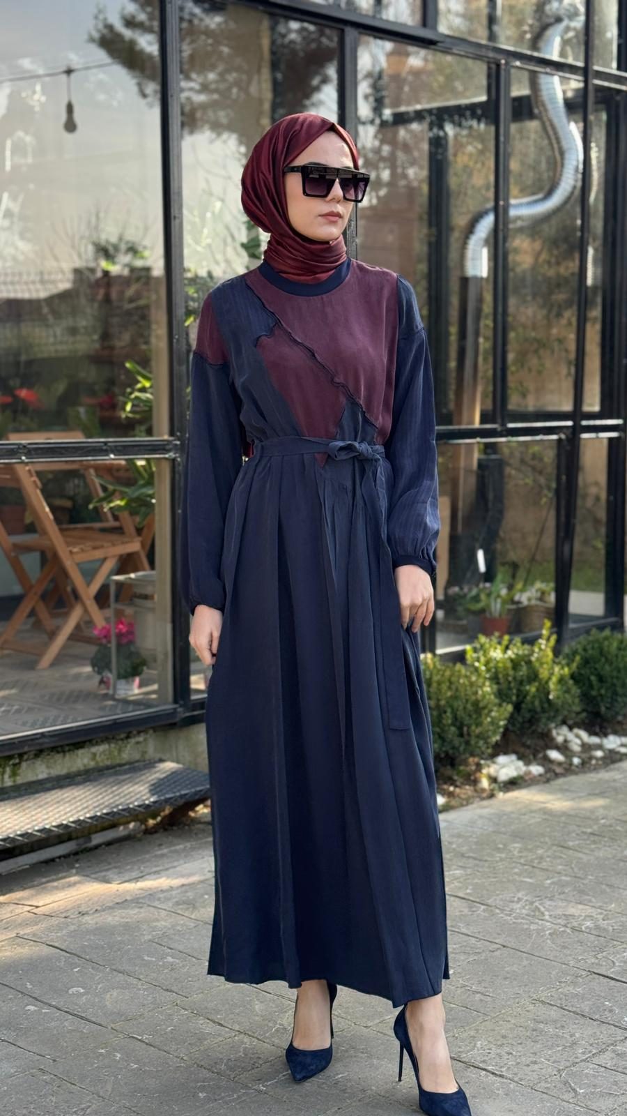 Misswhence Asimetrik Patchwork Kuşaklı Elbise 39801