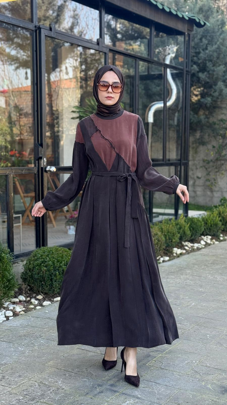 Misswhence Asimetrik Patchwork Kuşaklı Elbise 39801