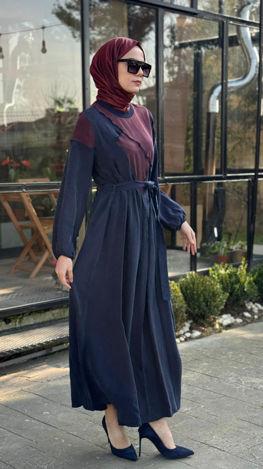 Misswhence Asimetrik Patchwork Kuşaklı Elbise 39801