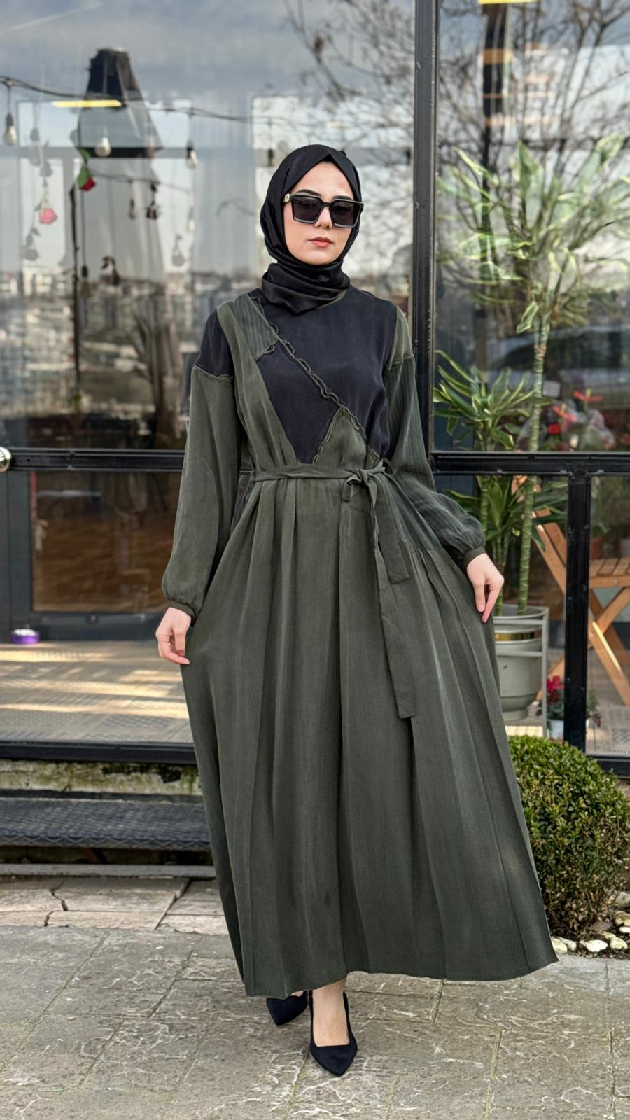 Misswhence Asimetrik Patchwork Kuşaklı Elbise 39801