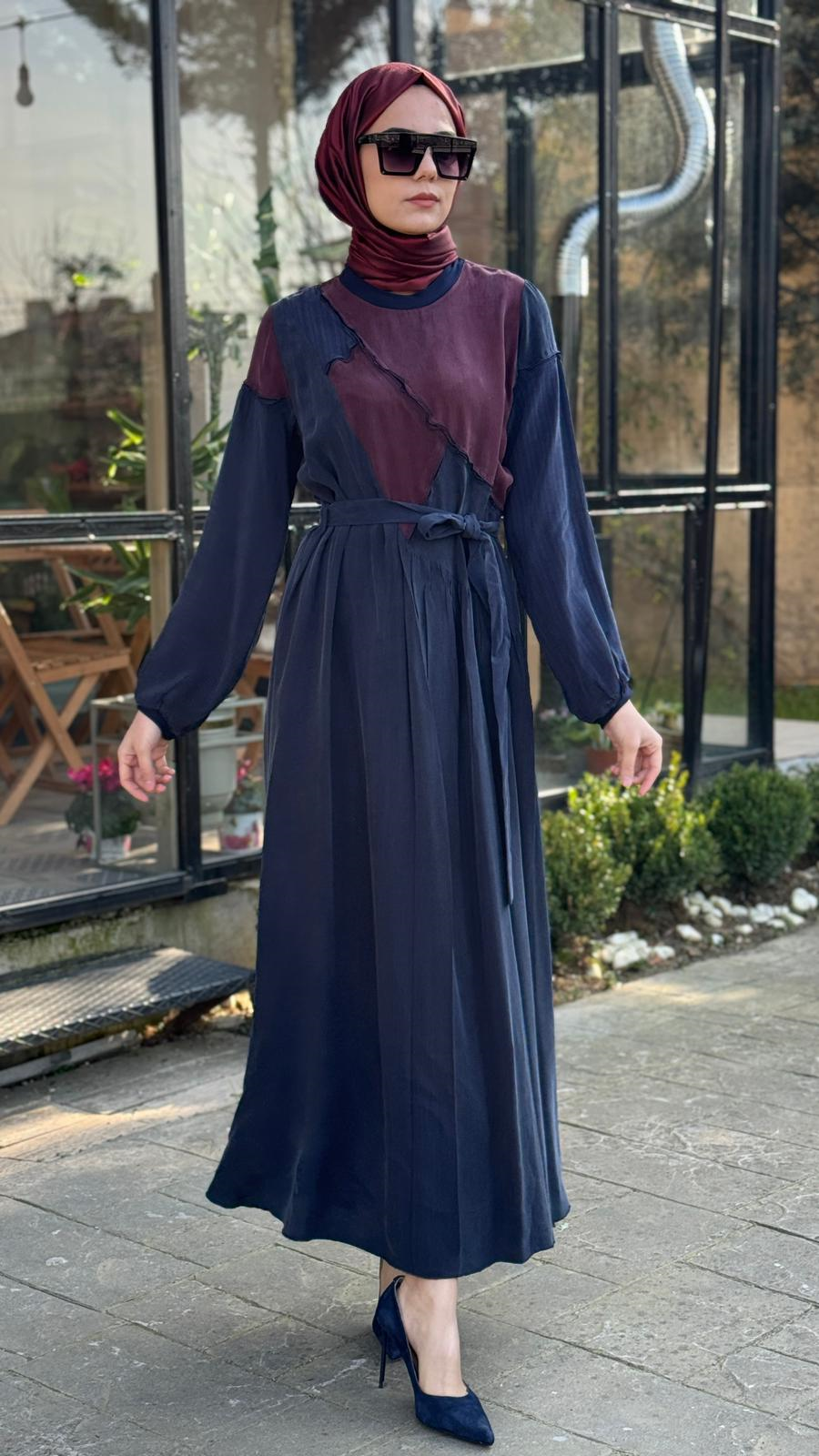 Misswhence Asimetrik Patchwork Kuşaklı Elbise 39801