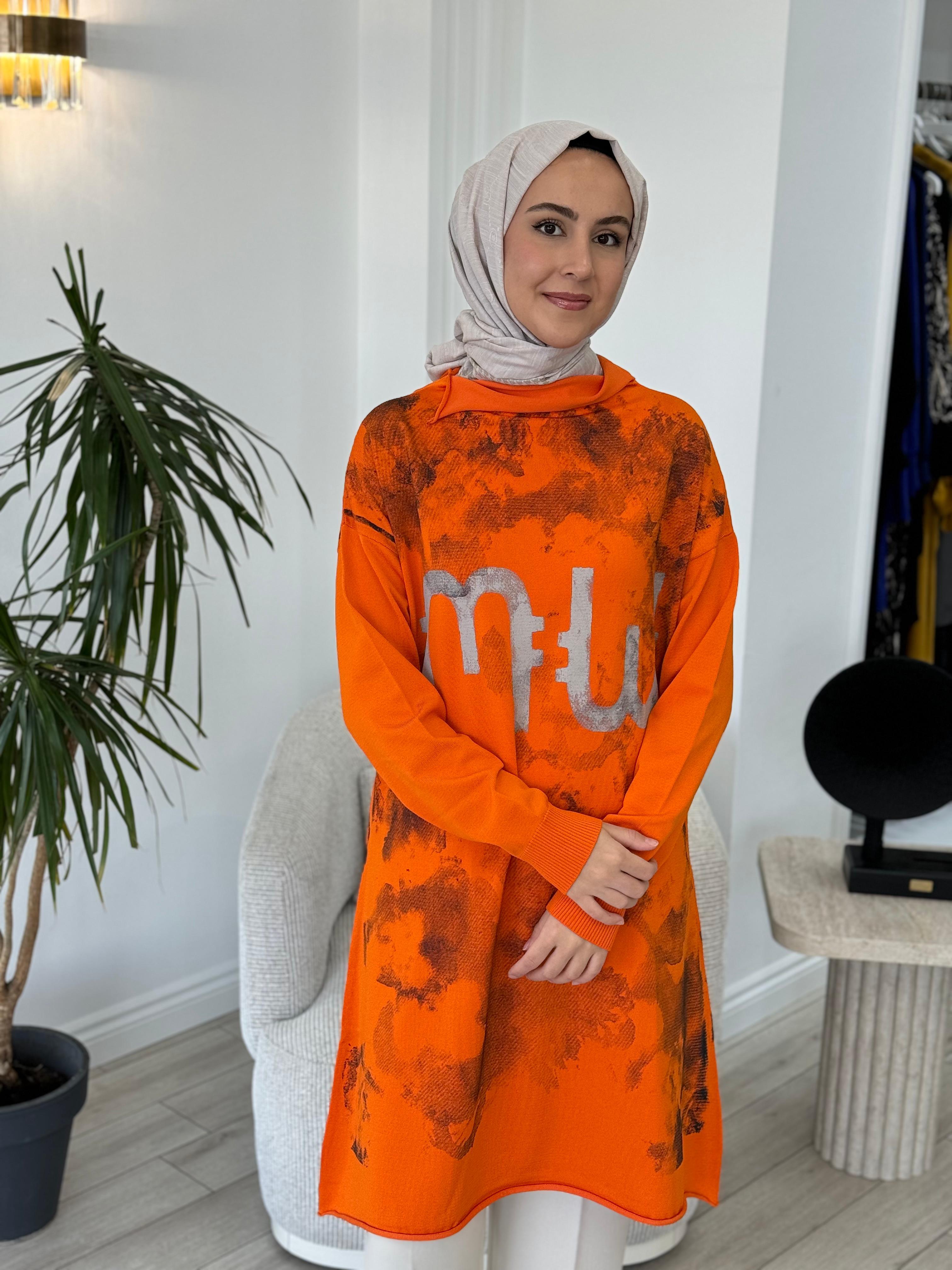 Misswhence Baskılı Triko Tunik Turuncu 36021
