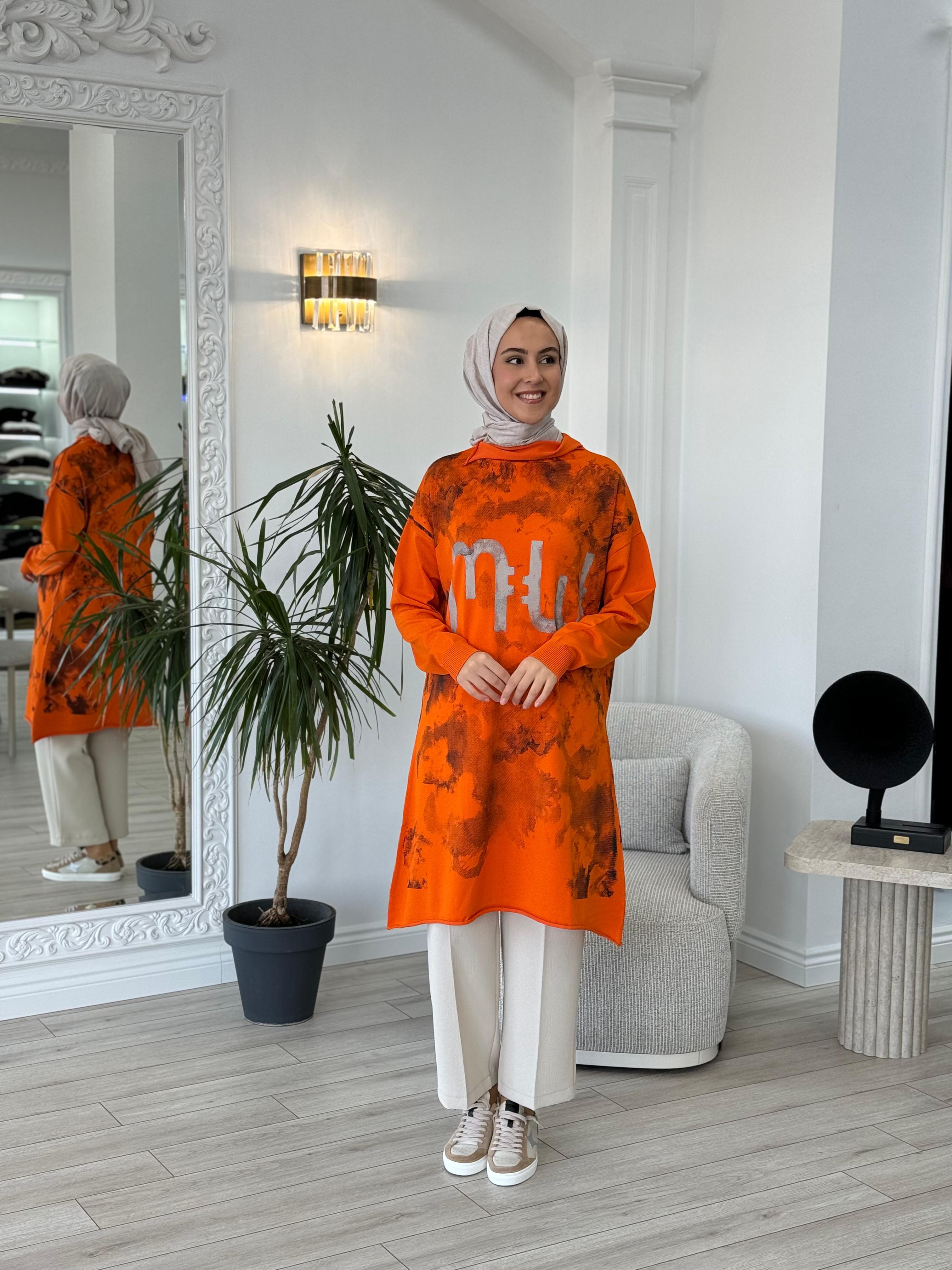 Misswhence Baskılı Triko Tunik Turuncu 36021