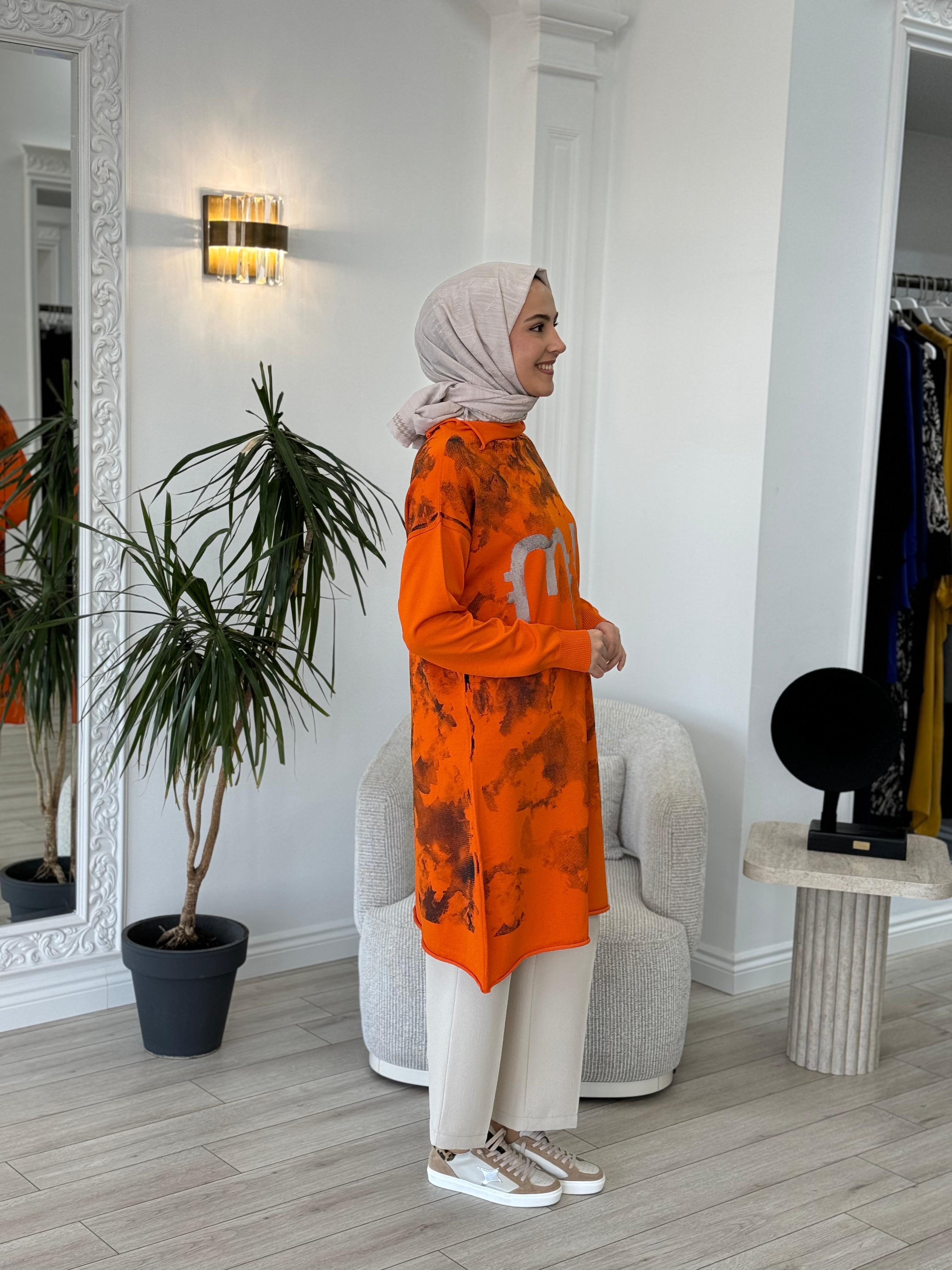 Misswhence Baskılı Triko Tunik Turuncu 36021