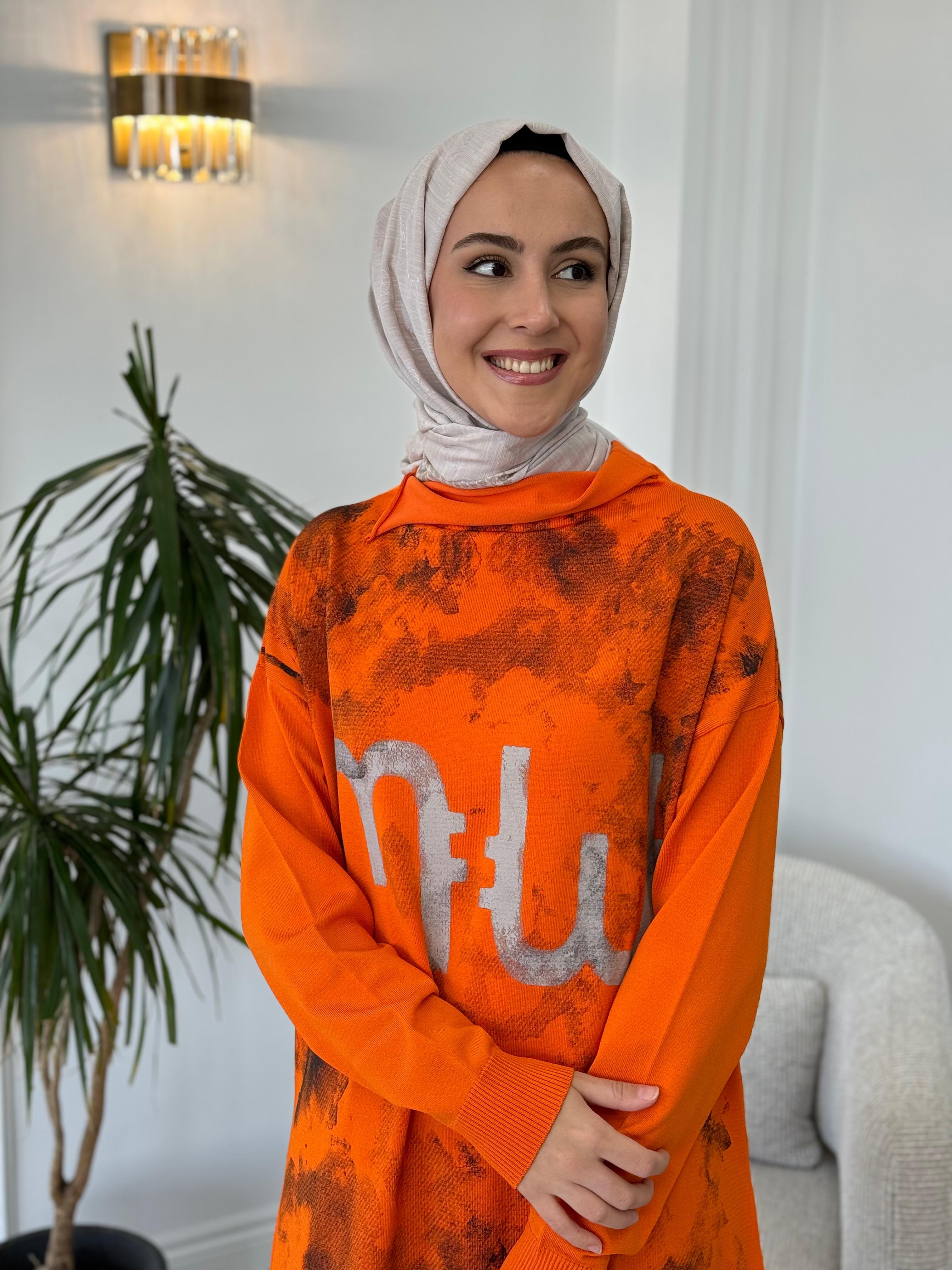 Misswhence Baskılı Triko Tunik Turuncu 36021