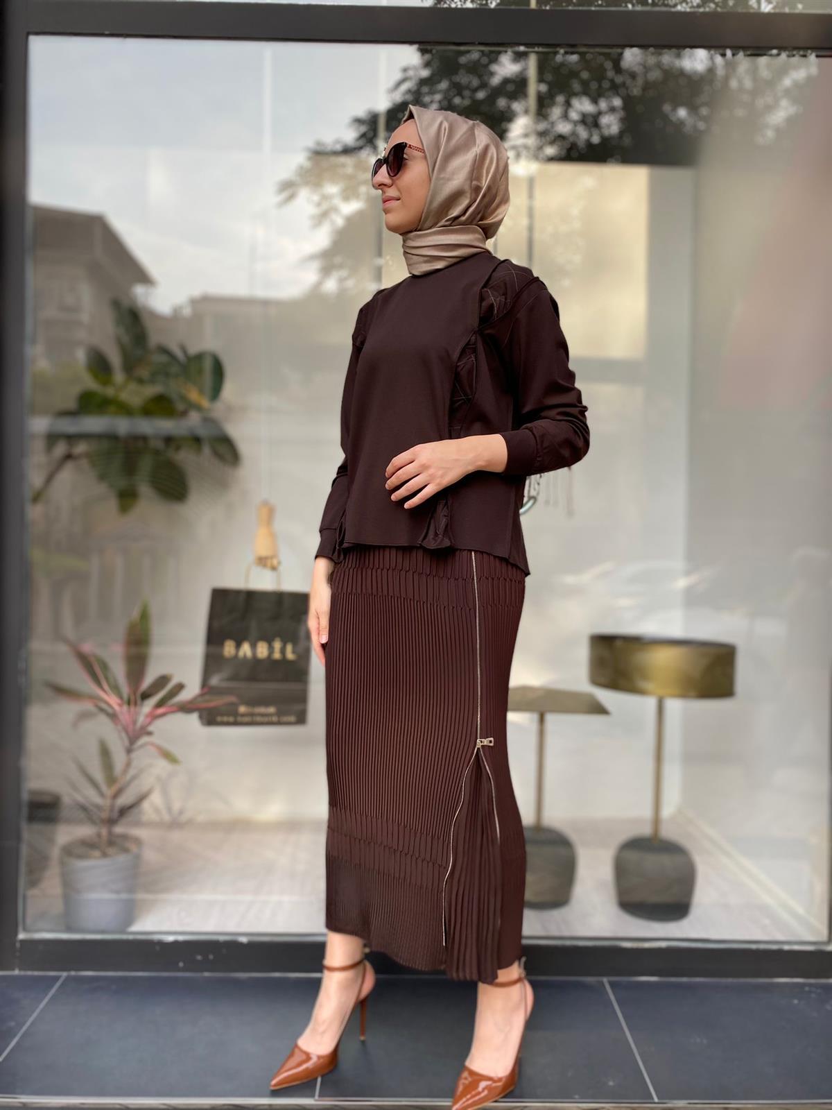 Misswhence Çelik Örme Kısa Tunik Kahverengi 34029