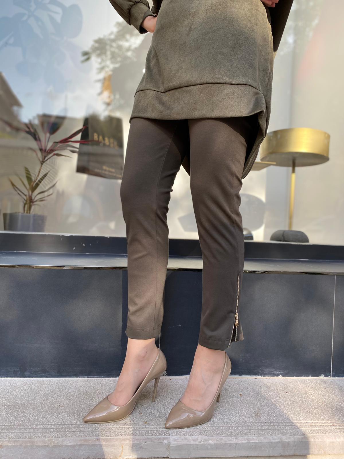 Misswhence Çelik Örme Paça Fermuarlı Haki Pantolon 34101