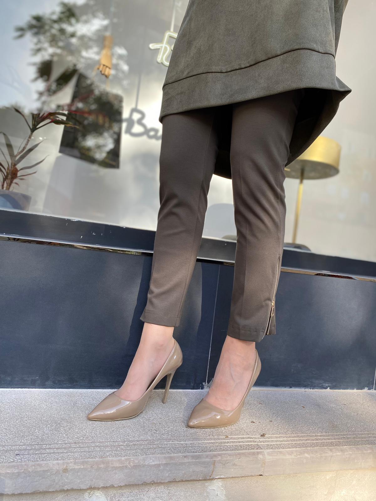 Misswhence Çelik Örme Paça Fermuarlı Haki Pantolon 34101