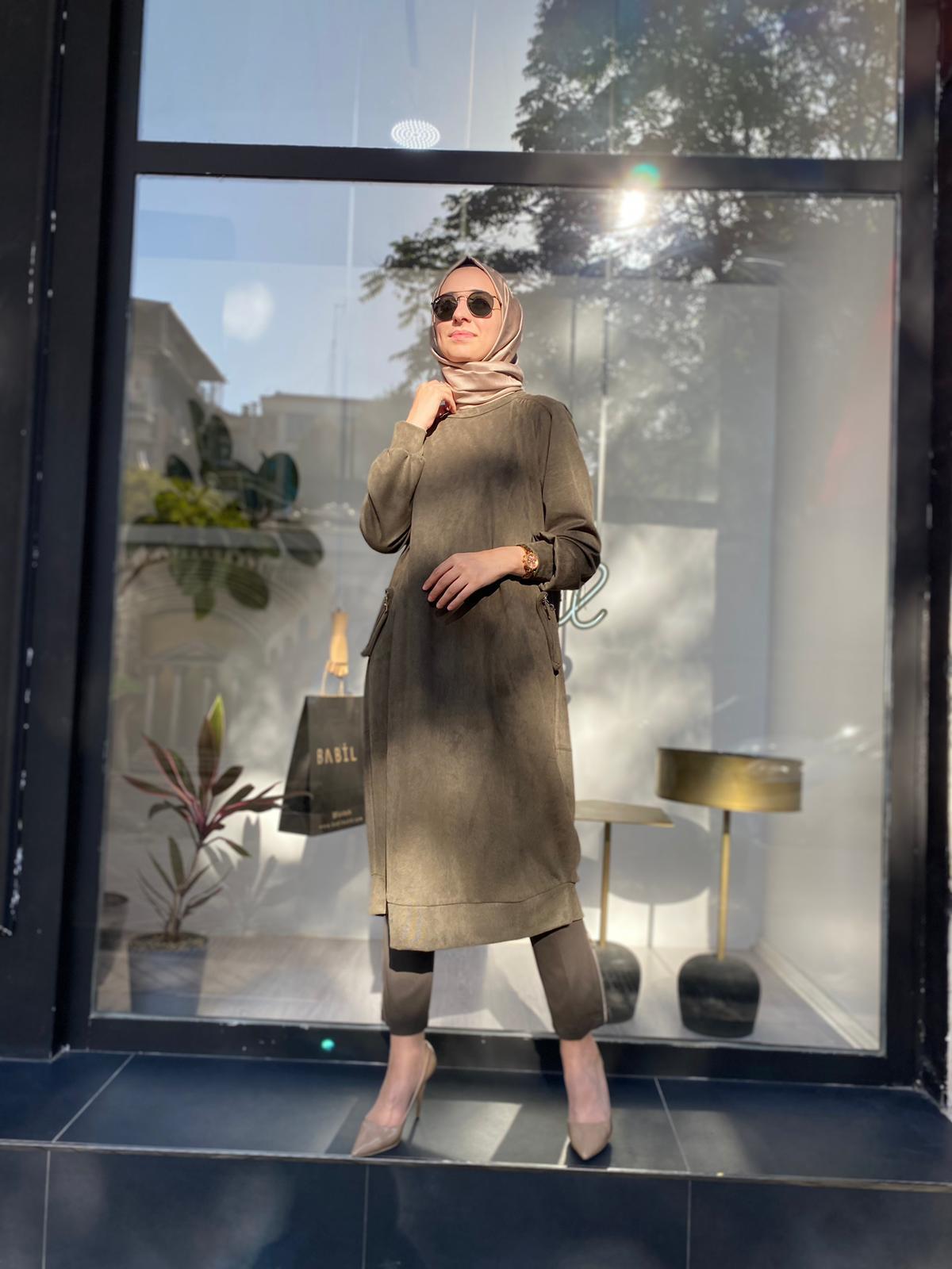 Misswhence Çelik Örme Paça Fermuarlı Haki Pantolon 34101