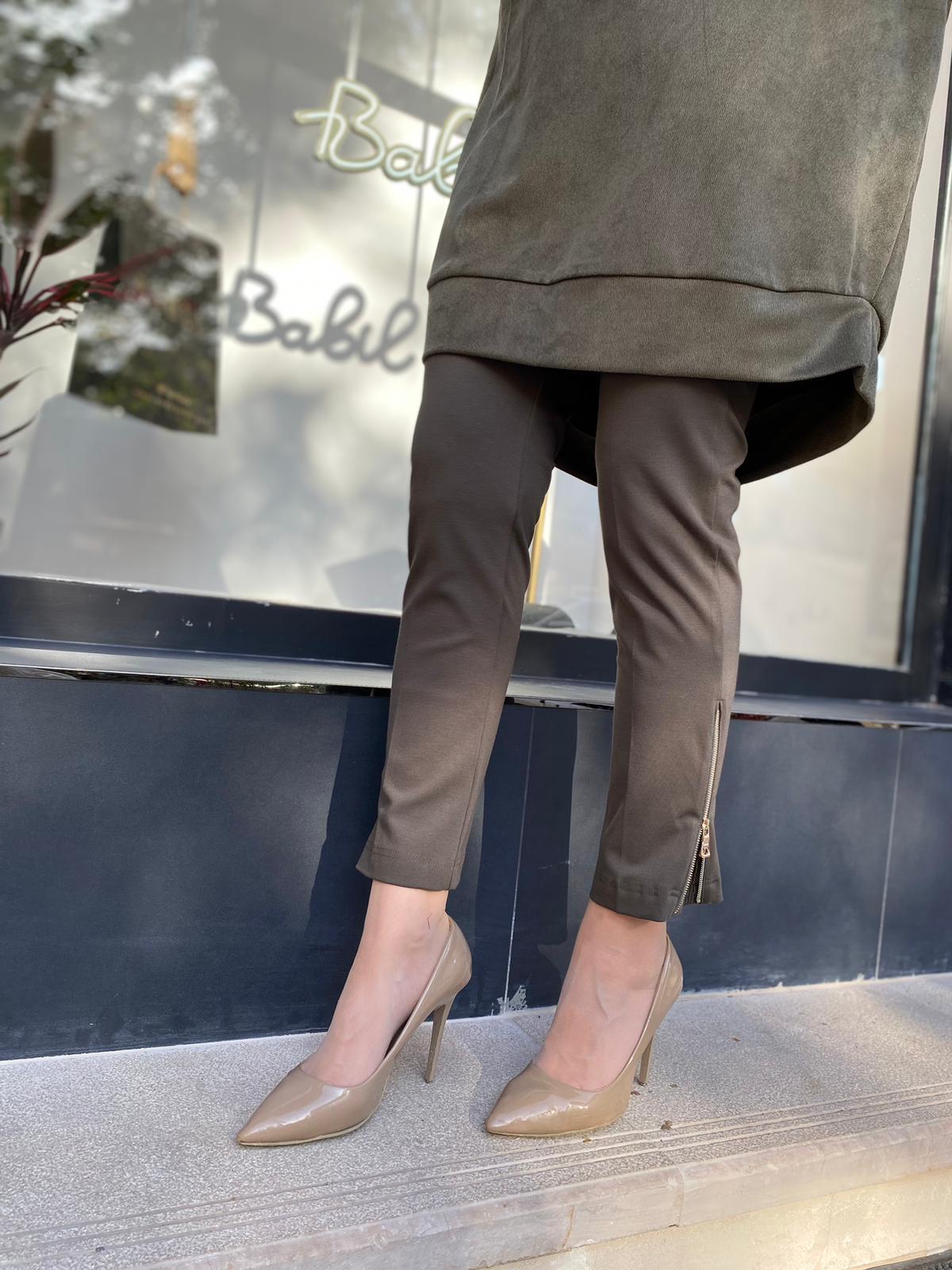 Misswhence Çelik Örme Paça Fermuarlı Haki Pantolon 34101