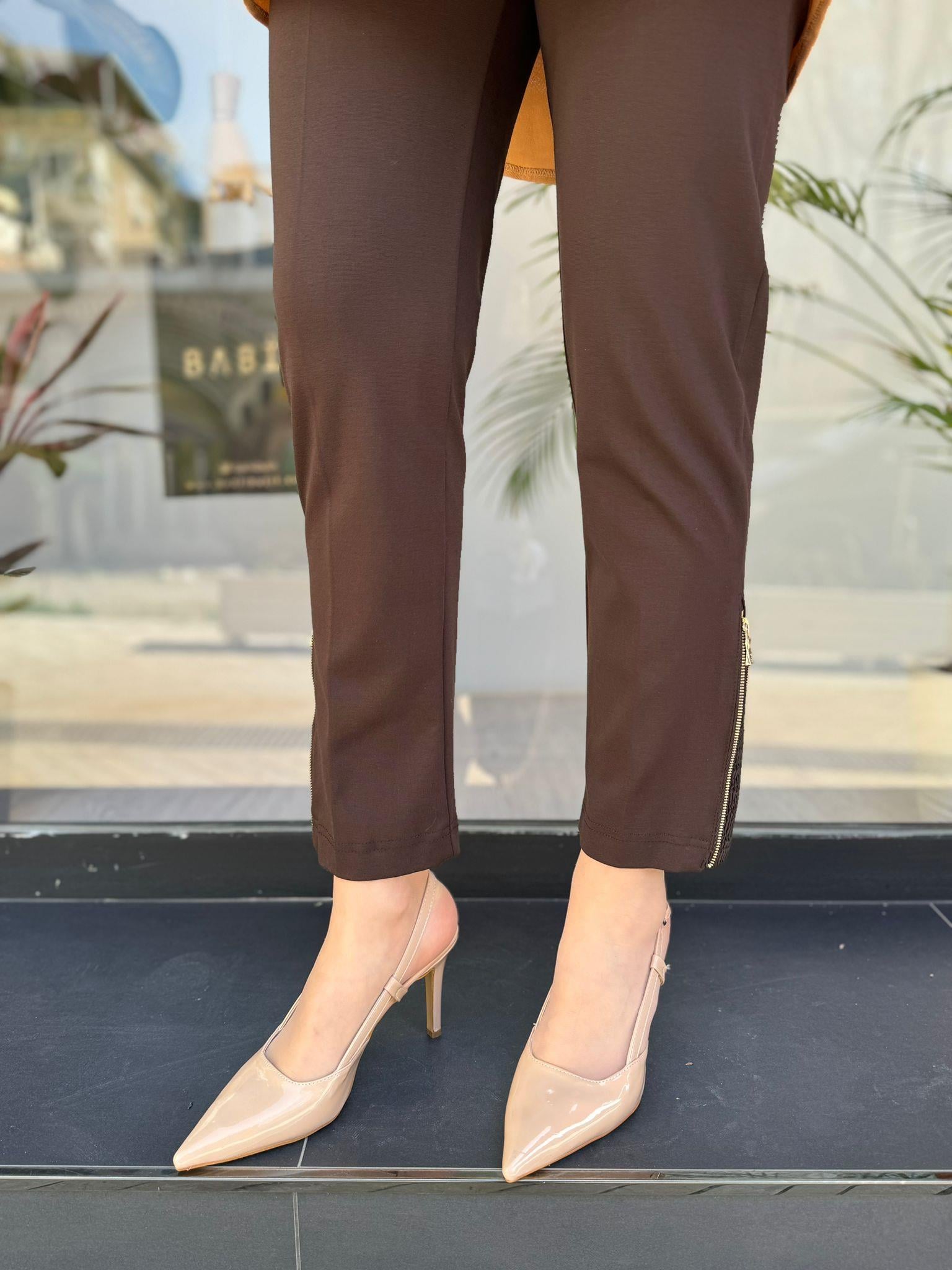 Misswhence Çelik Örme Paça Fermuarlı Pantolon Kahverengi 34101