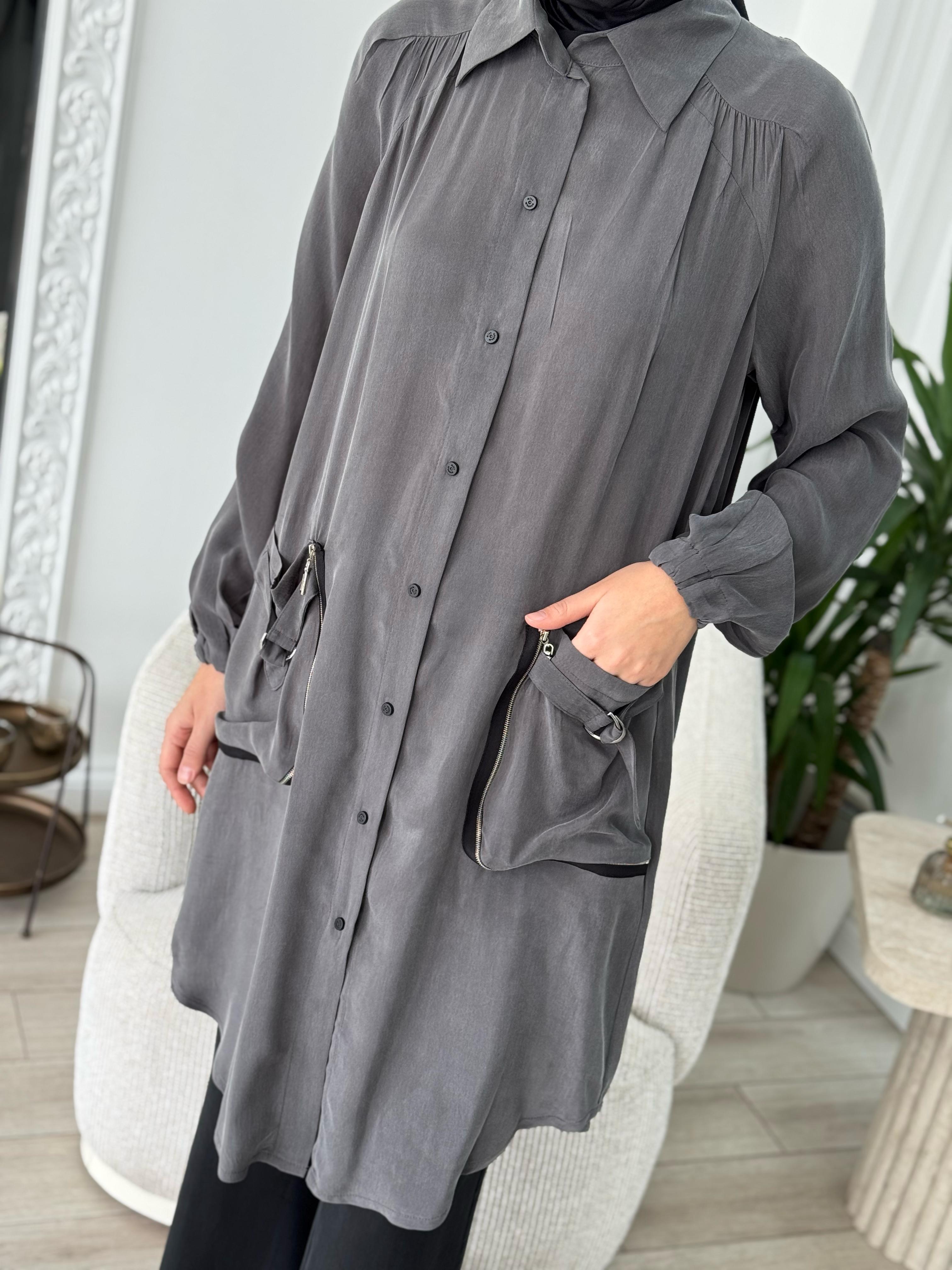 Misswhence Cep Detaylı Cupra Gömlek Gri 37302