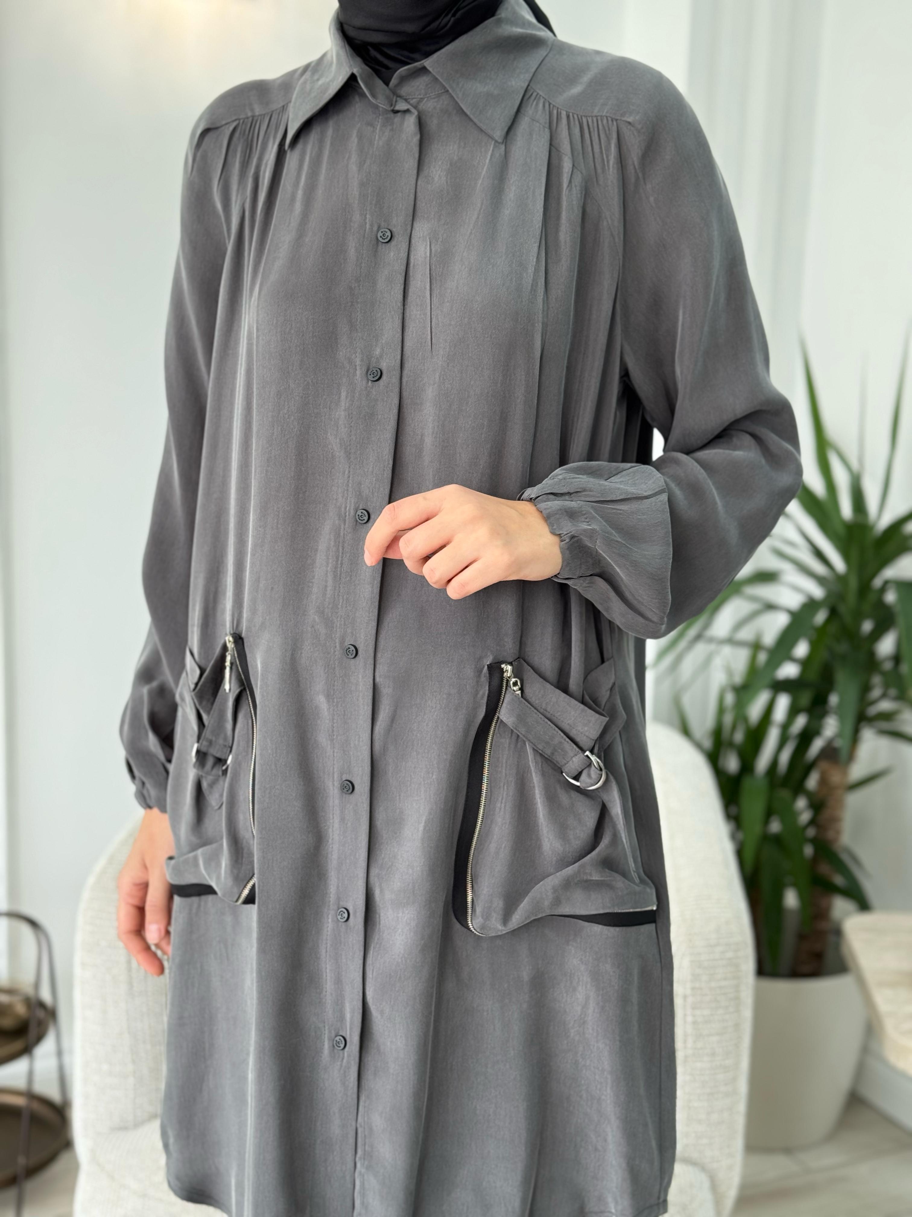 Misswhence Cep Detaylı Cupra Gömlek Gri 37302