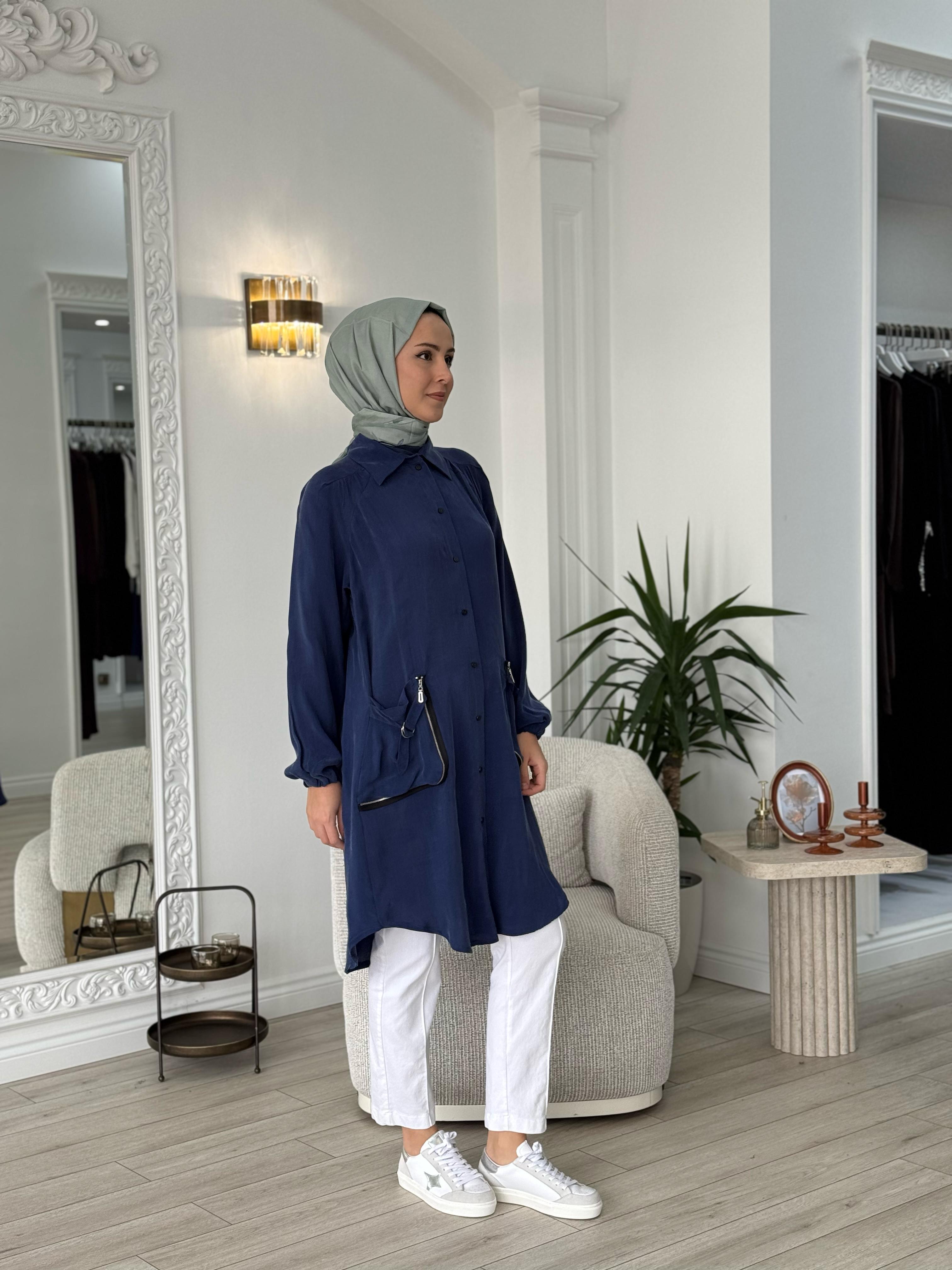 Misswhence Cep Detaylı Cupra Gömlek İndigo 37302