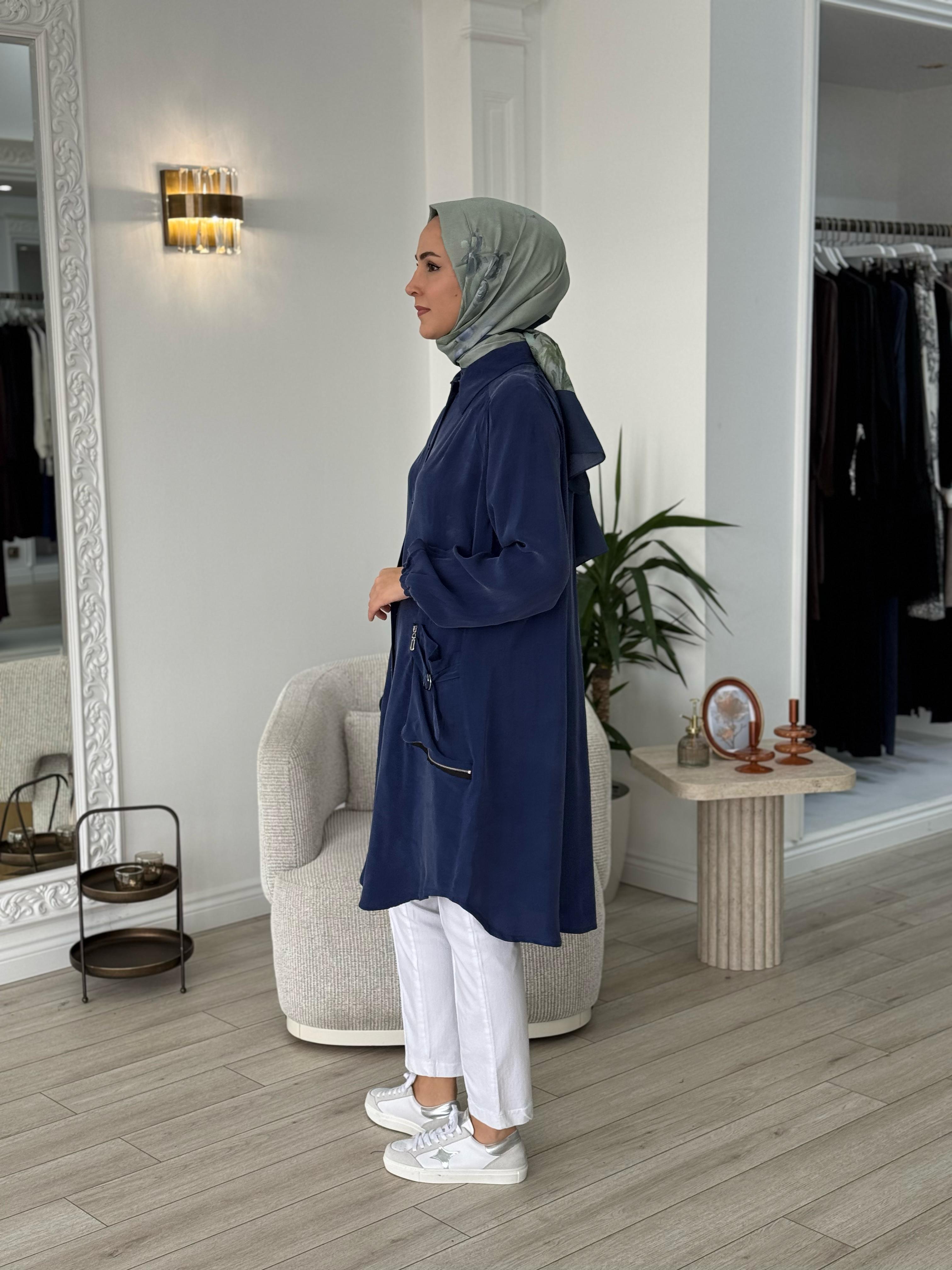 Misswhence Cep Detaylı Cupra Gömlek İndigo 37302