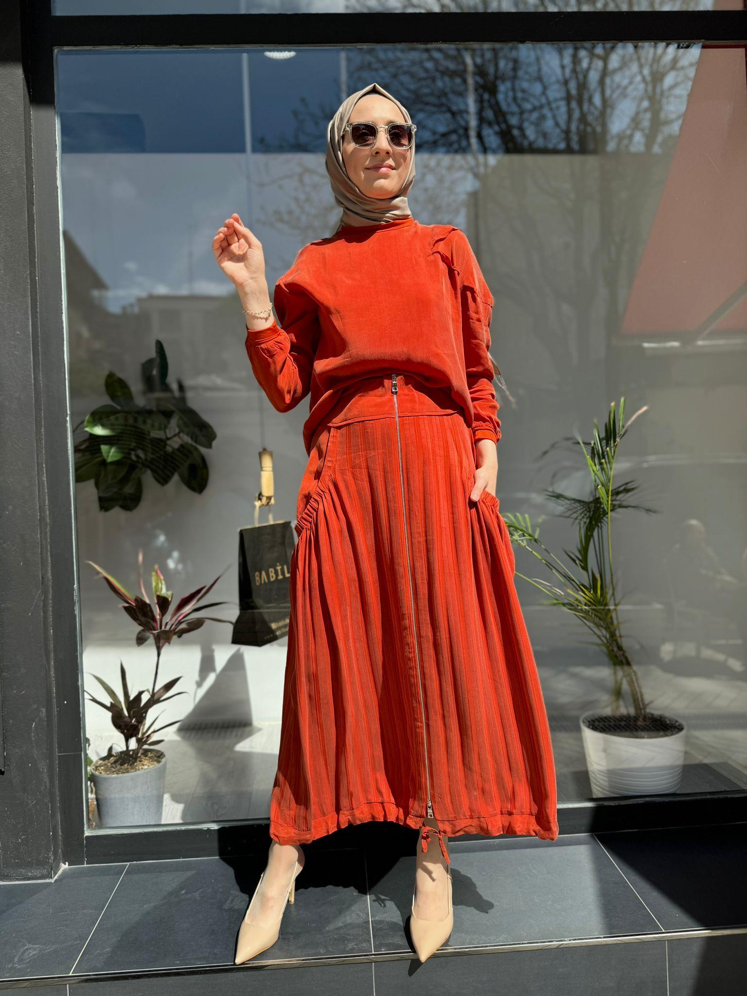 Misswhence Çizgi Desenli Etek Oranj 35909