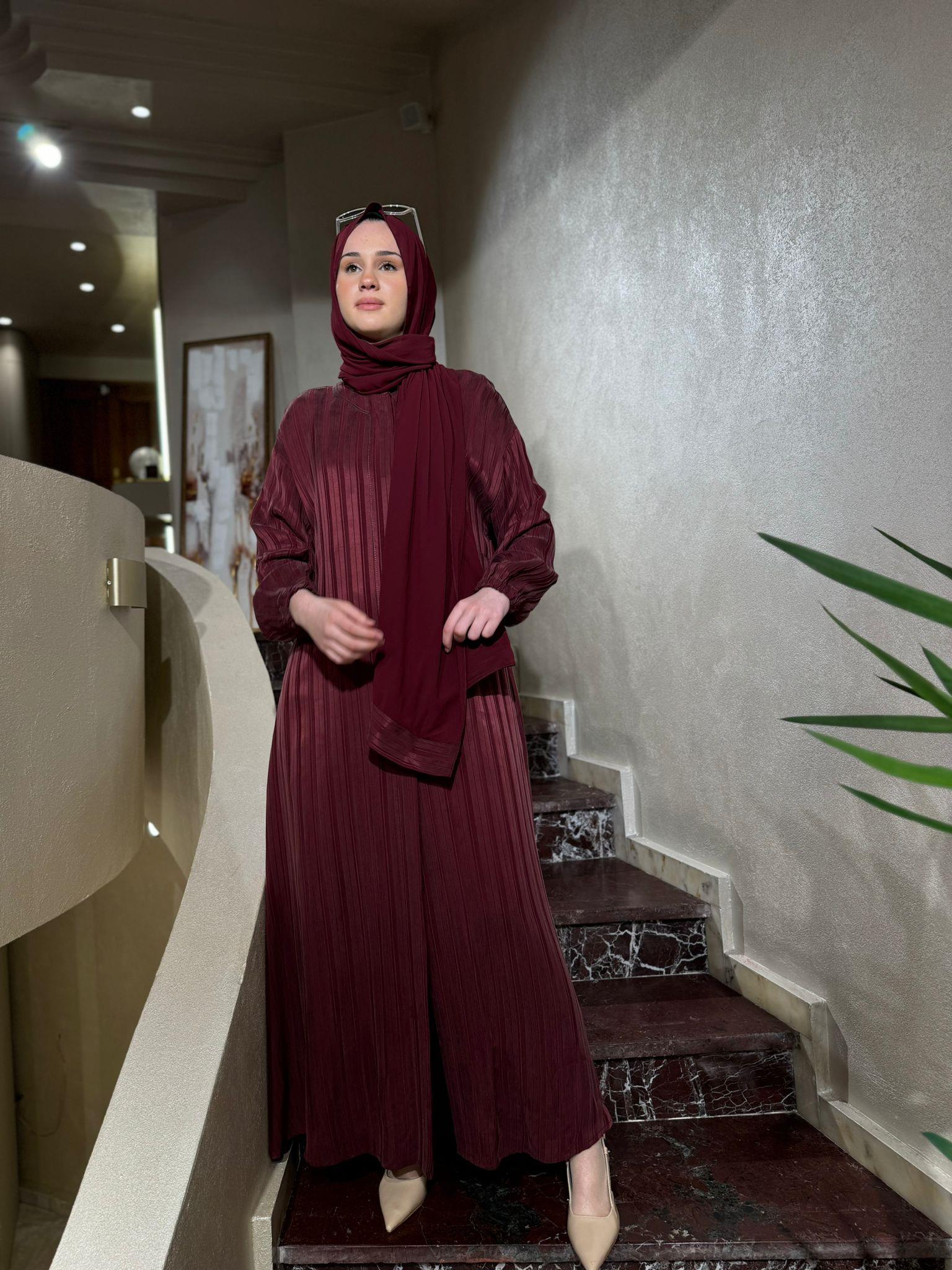 Misswhence Çizgili İpek Ferace Mürdüm 35504
