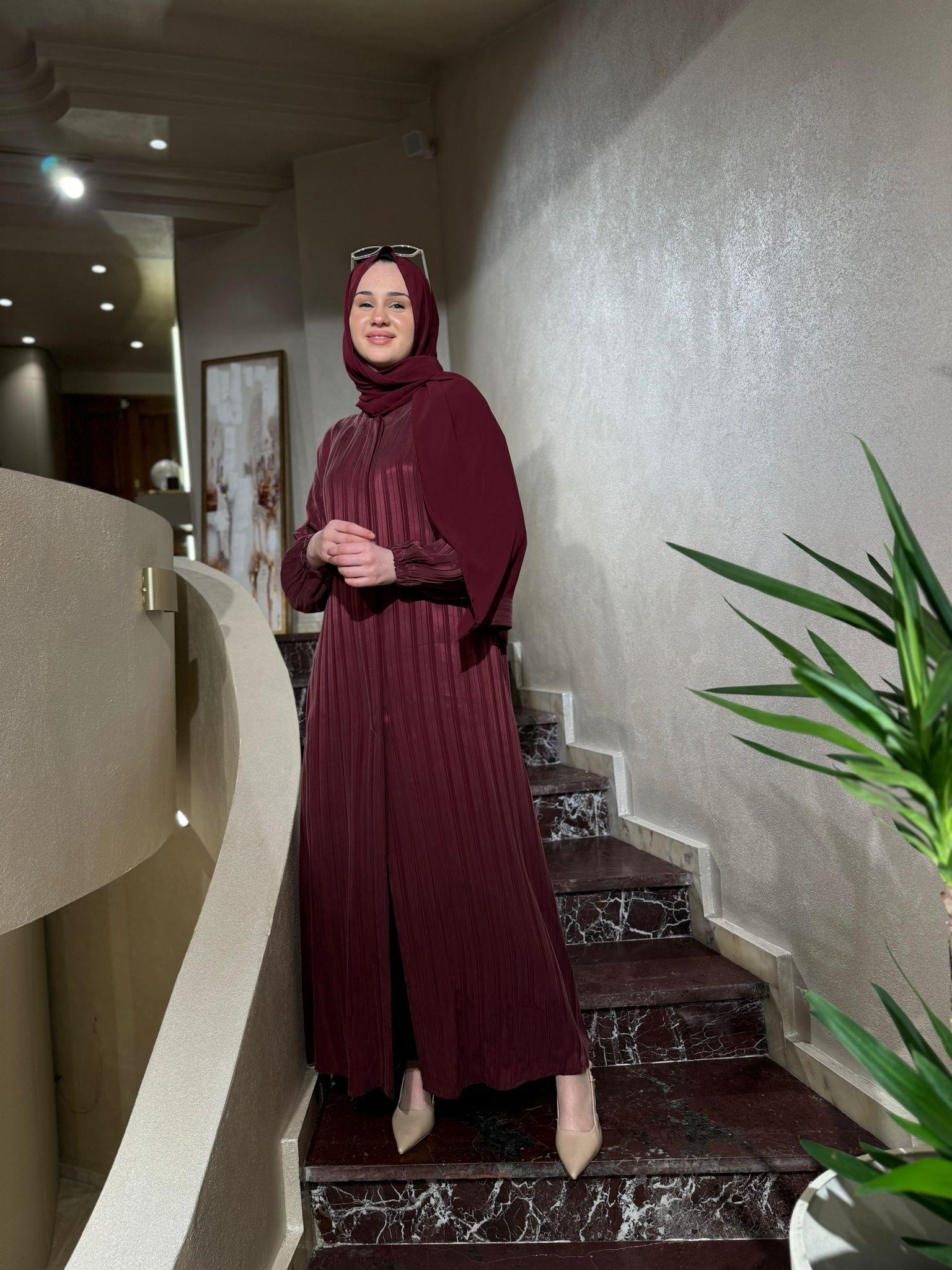 Misswhence Çizgili İpek Ferace Mürdüm 35504