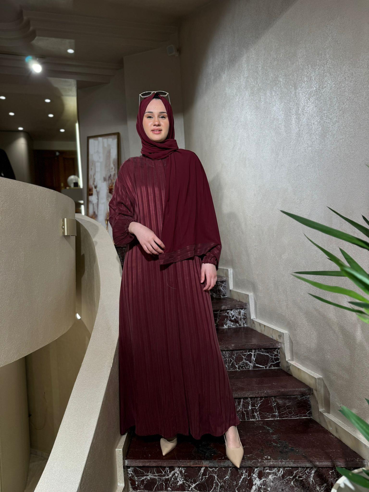 Misswhence Çizgili İpek Ferace Mürdüm 35504