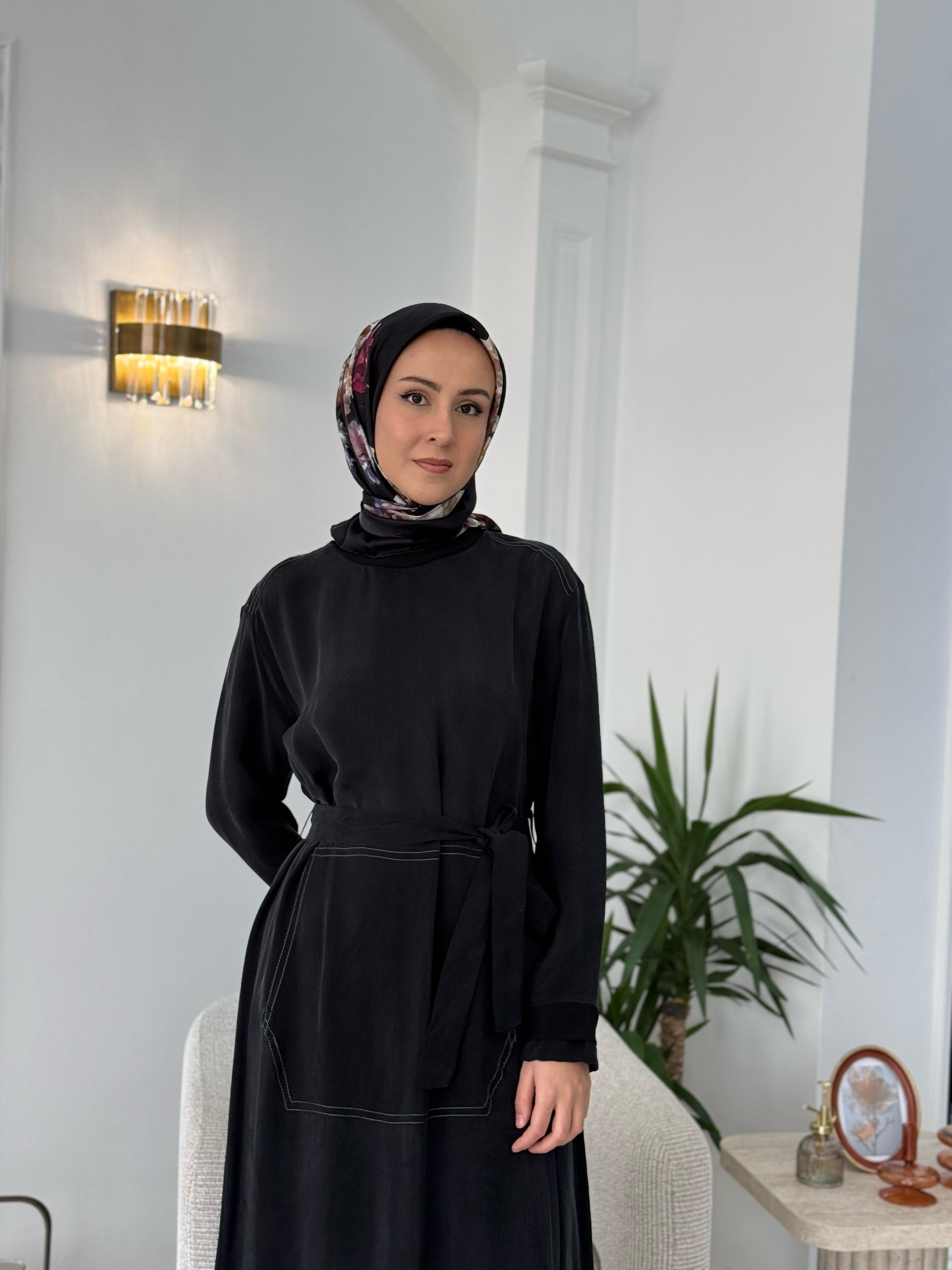 Misswhence Cupro Kemerli Elbise Siyah 37838