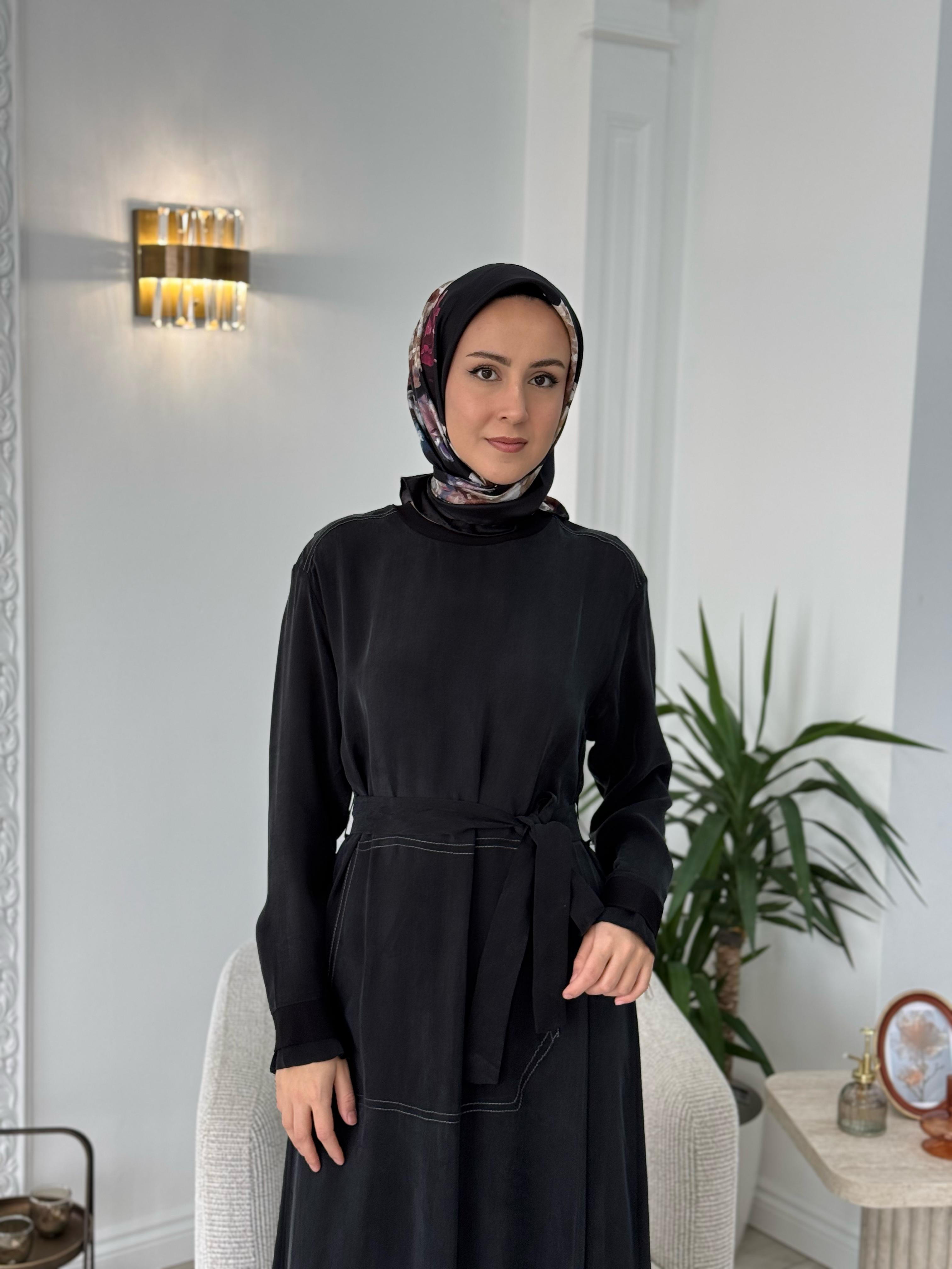 Misswhence Cupro Kemerli Elbise Siyah 37838