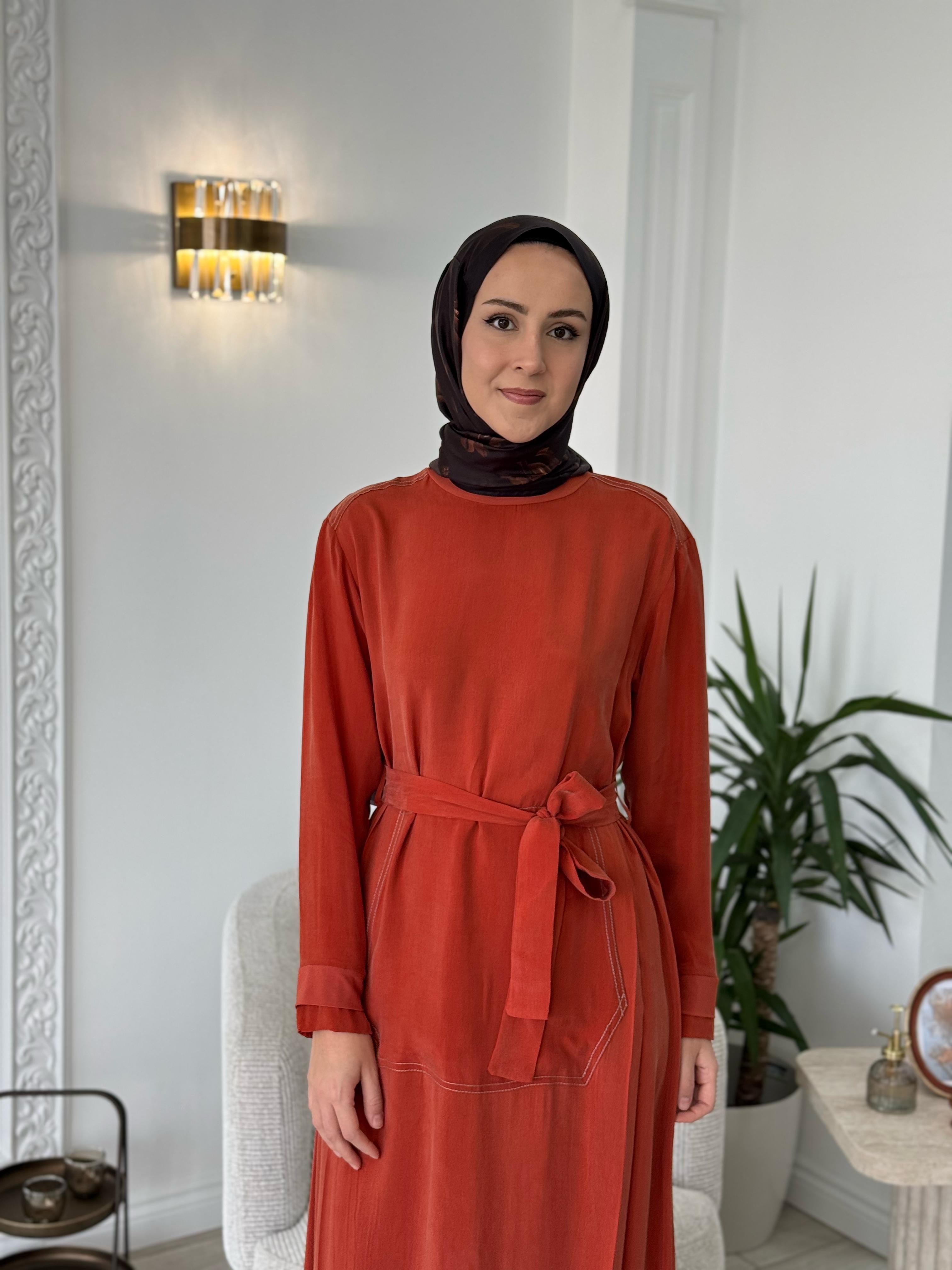 Misswhence Cupro Kemerli Elbise Turuncu 37838
